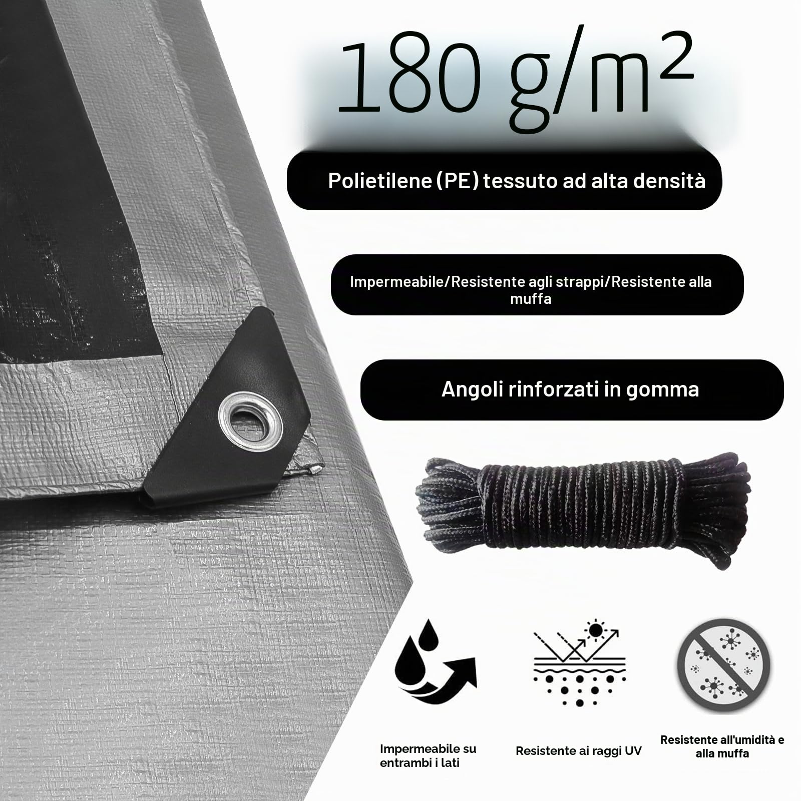 Telone di copertura in tessuto da 180 g/㎡, impermeabile, con occhielli, 2 m x 6 m, per mobili da giardino, piscina, trampolino, antistrappo, antimuffa (grigio/nero)