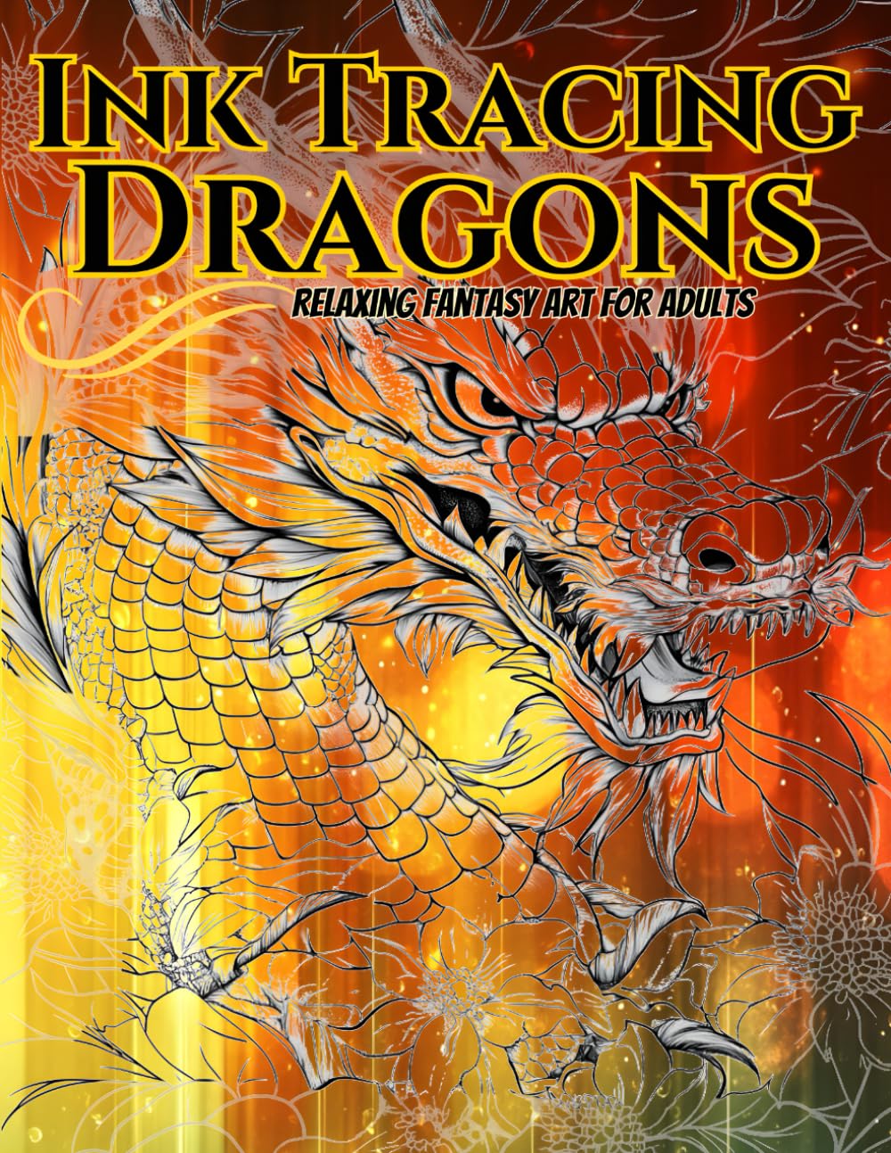 Ink Tracing Dragons: A Relaxing Fantasy Art Book for Adults, 50 Mystical Dragon Illustrations with Guardian-Style Backgrounds for Ink Tracing, Relaxation, and Creative Expression