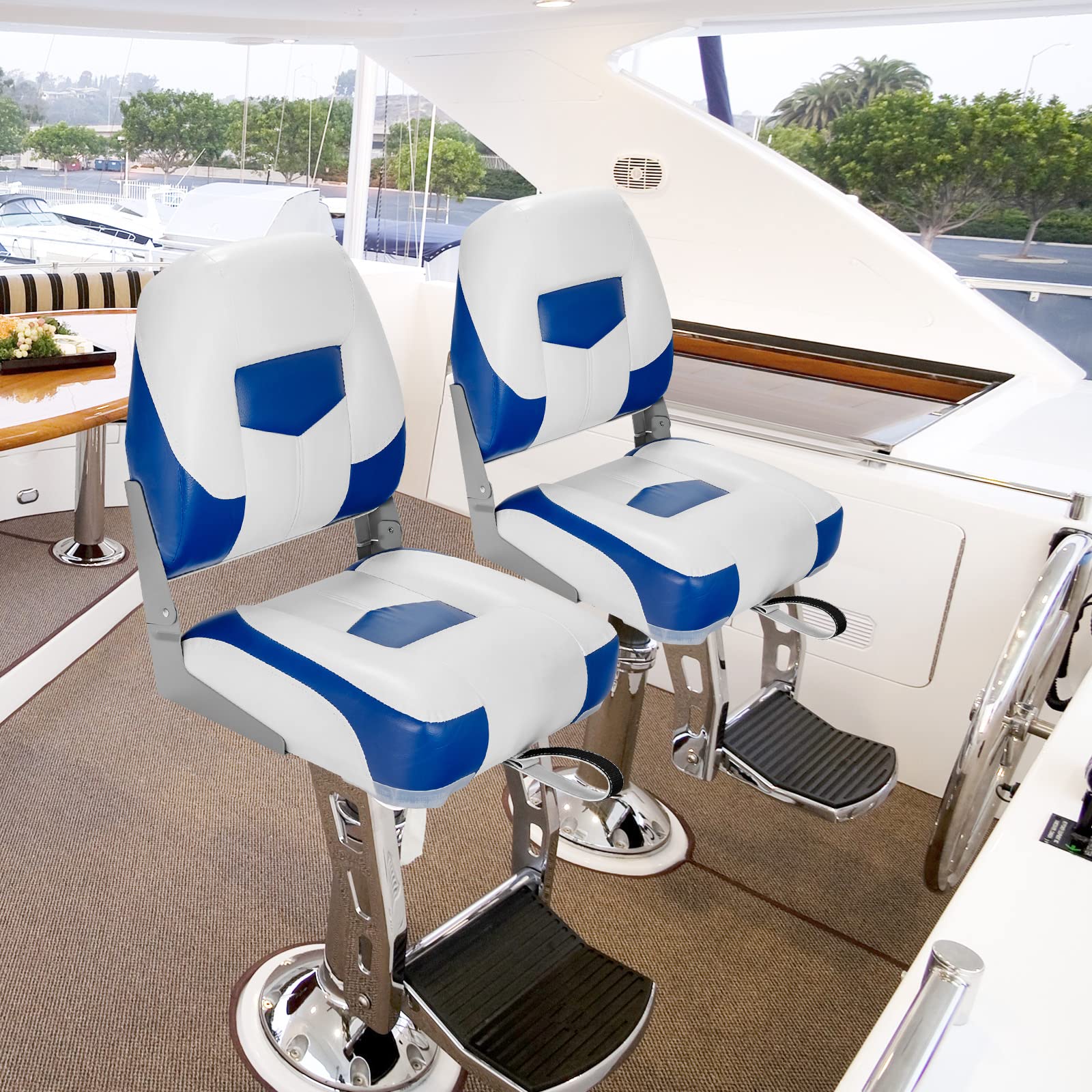 GOPLUS Juego de 2 Asientos de Barco, Silla Plegable para Barco Impermeable, Asiento Yate Ergonómico con Correas y Tornillos de Fijación, 42 x 50 x 52 cm, para Pescar, Pilotaje, Barco de Pesca (Azul)