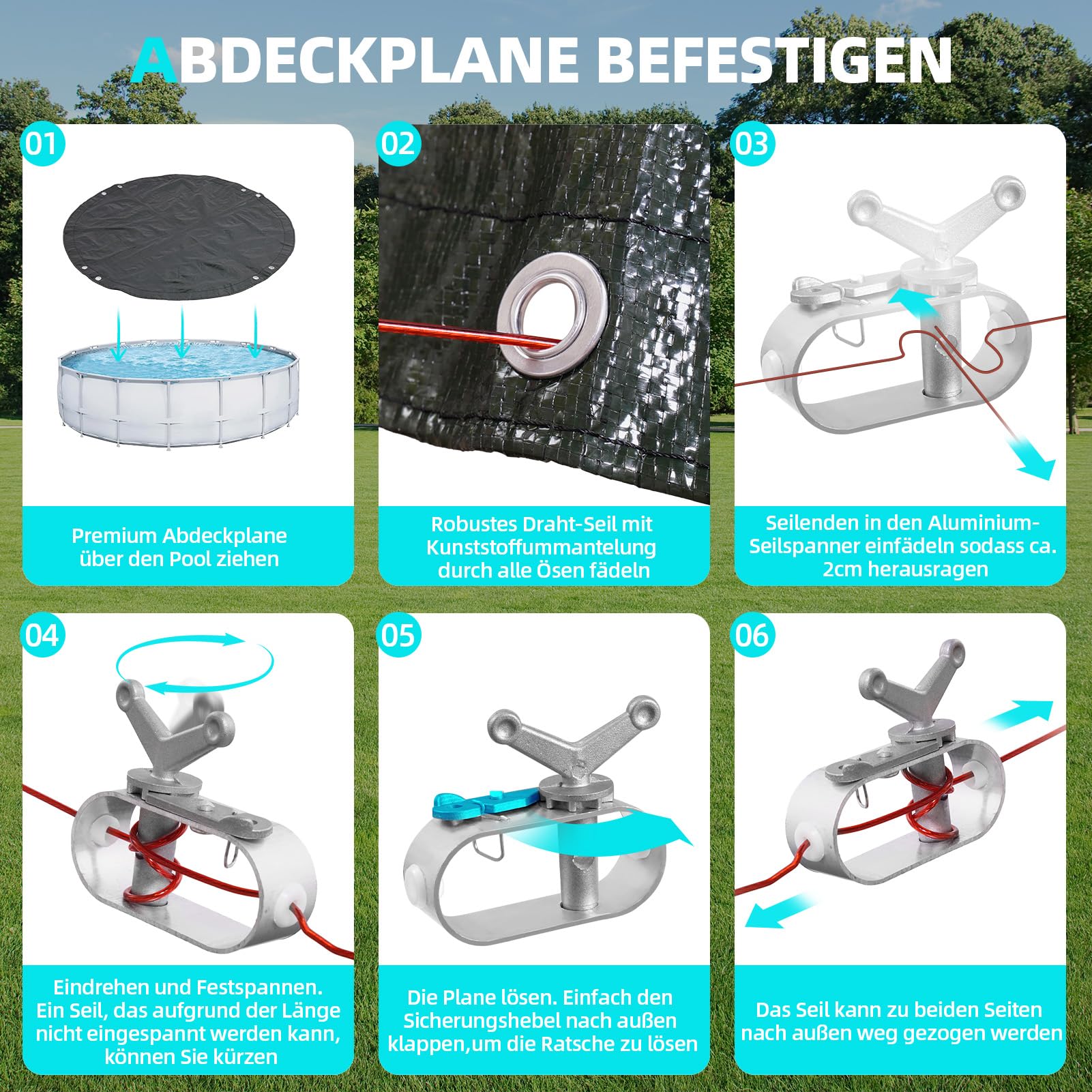 Poolabdeckung Rund für 400-440 cm Pools, Planenmaß Ø 460 cm, Schwarz, Sommer & Winter Poolplane, 100g/m² PE Zweifach Beschichtete Abdeckung mit Kordelzug, Abdeckplane Pool mit UV-Schutz