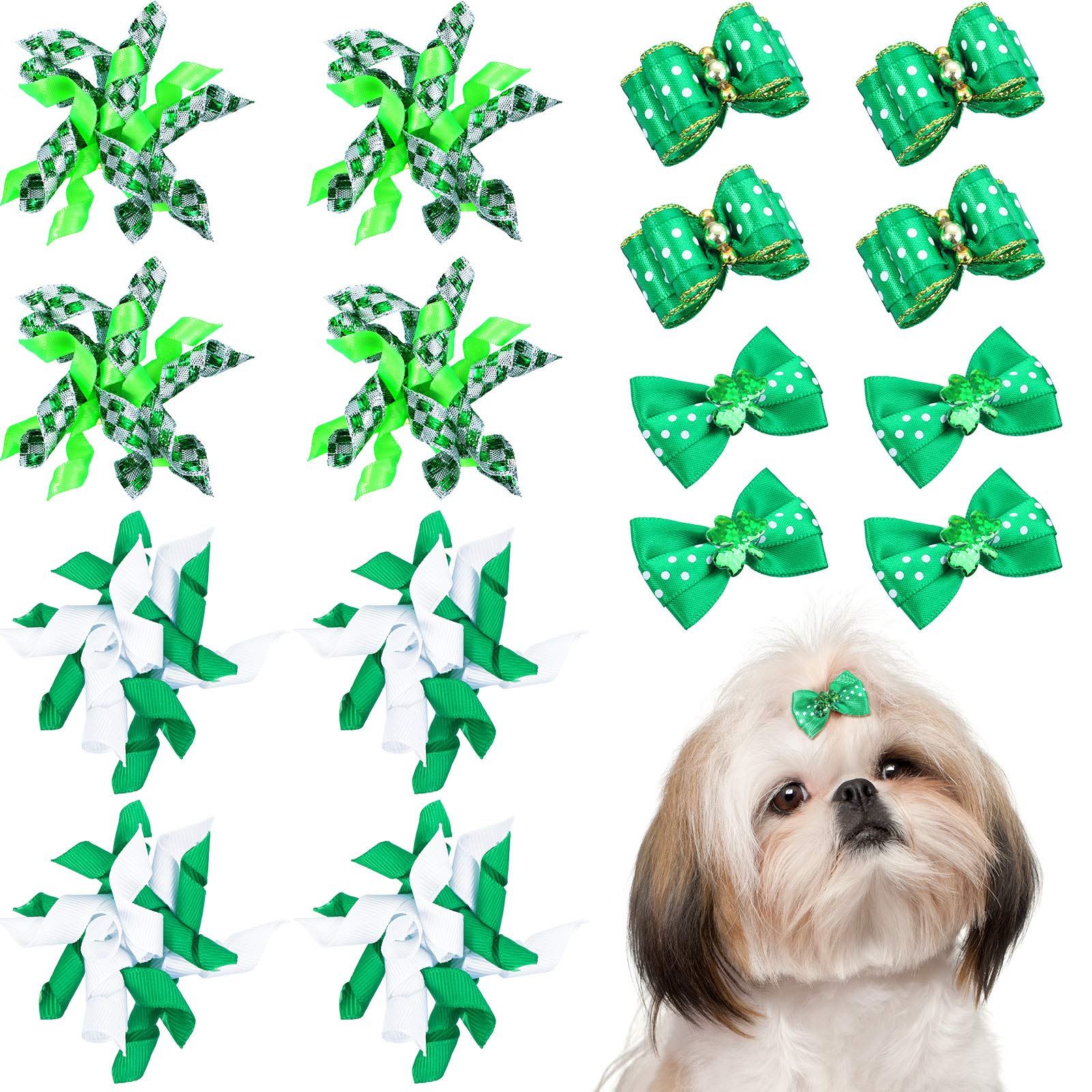 Weewooday 16 Pieces St. Patrick's Day Dog Hair Bows Dog Curve Bows Mixed Styles Pet Cat Puppy Green Clover Hair Bows with Rubber Bands Grooming Accessories