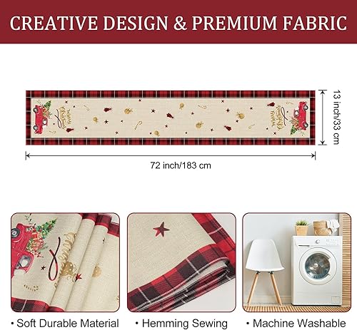 Miniatura 6 de Bonhause Camino de mesa de camión rojo de 13 x 72 pulgadas, diseño de búfalo a cuadros, árbol de Navidad, temporada de invierno, vacaciones, cocina,