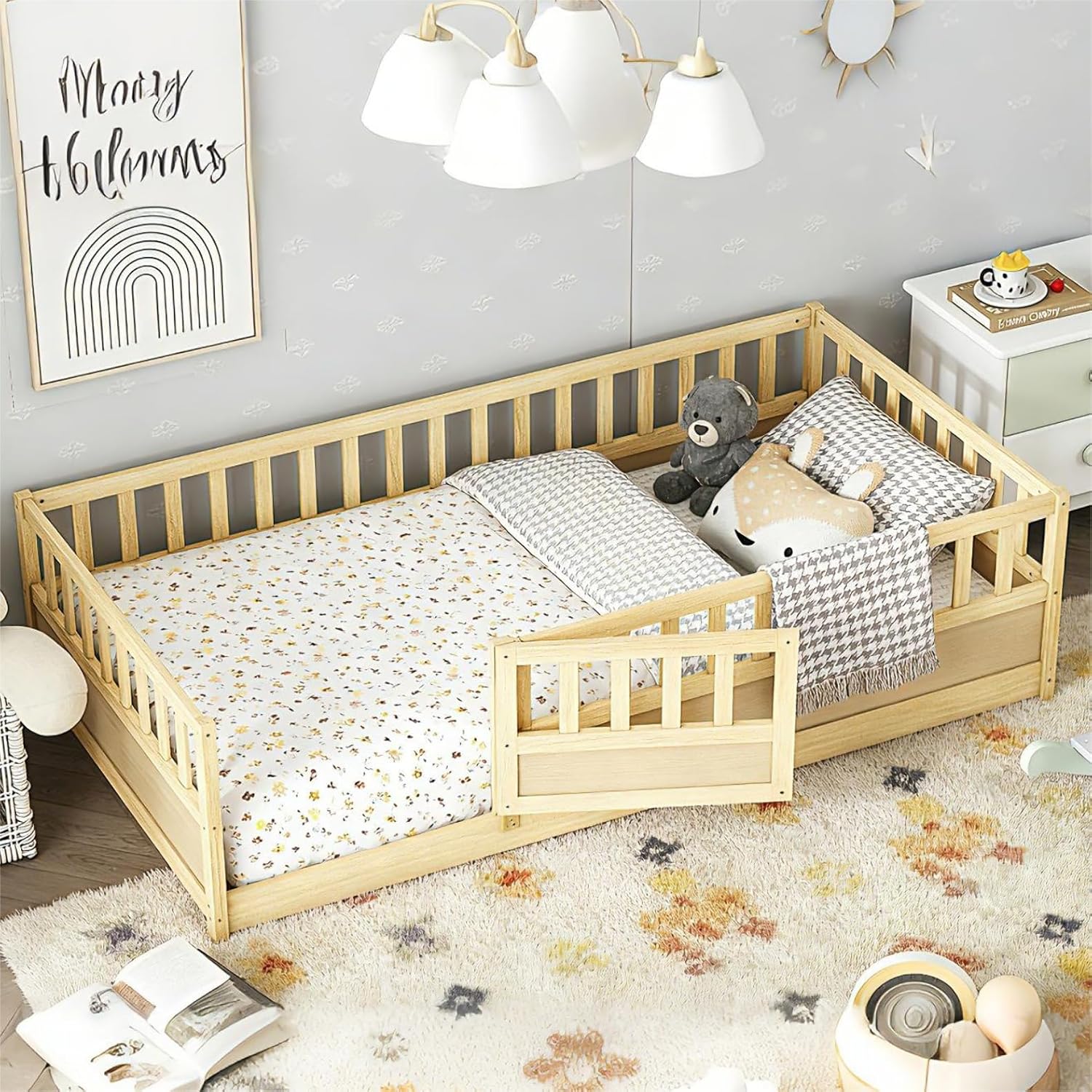 Bellemave Twin Montessori Floor Bed with 21.4" High Guardrails & Door, Wooden Twin Floor Bed Frame for Kids, Low Profile Twin Size Floor Bed Frame for Bedroom, Nursery, No Slats, Natural