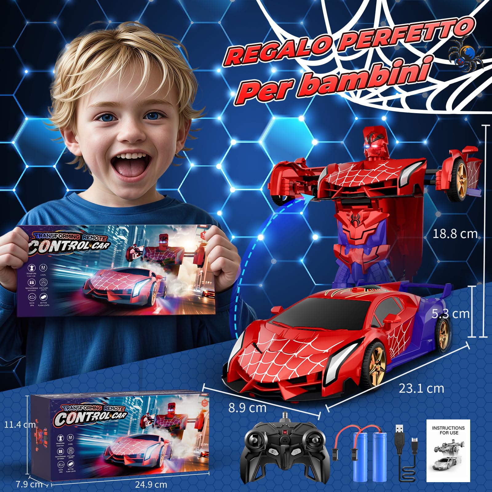 Macchina Telecomandata con Luci LED Occhi & Sotto, 2.4GHz & 360°Deriva Trasform Robot Giocattolo Gioco per Bambino 3-12 Anni, Macchinina Radiocomandata Giochi Regalo Bambini 3 4 5 6 7 8 9 Anni Maschio