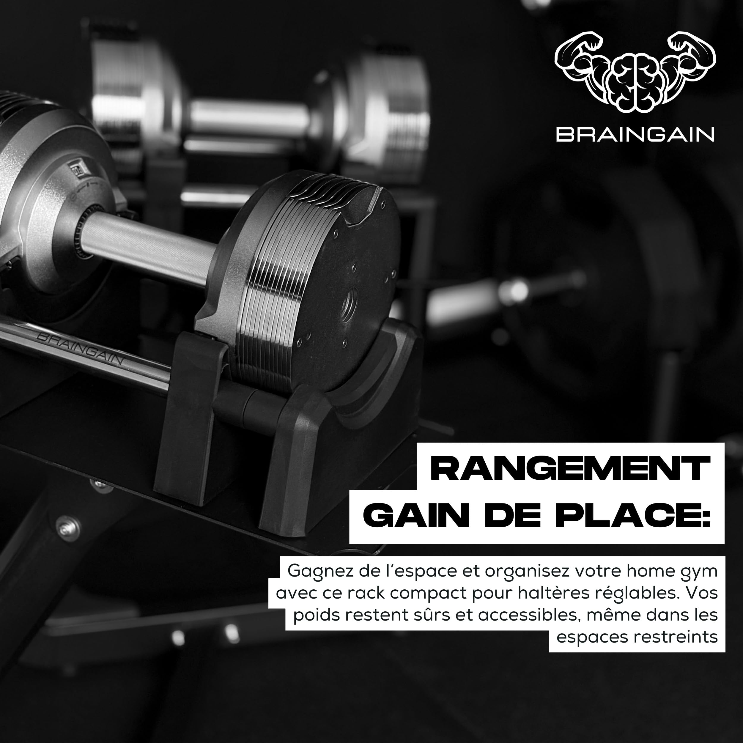 BRAINGAIN Rack de Rangement – Support pour Haltères Réglables (Compatible avec les haltères BRAINGAIN 20kg, 23,5kg, 32kg, 32,5kg, 41,5kg) Noir/Chromé
