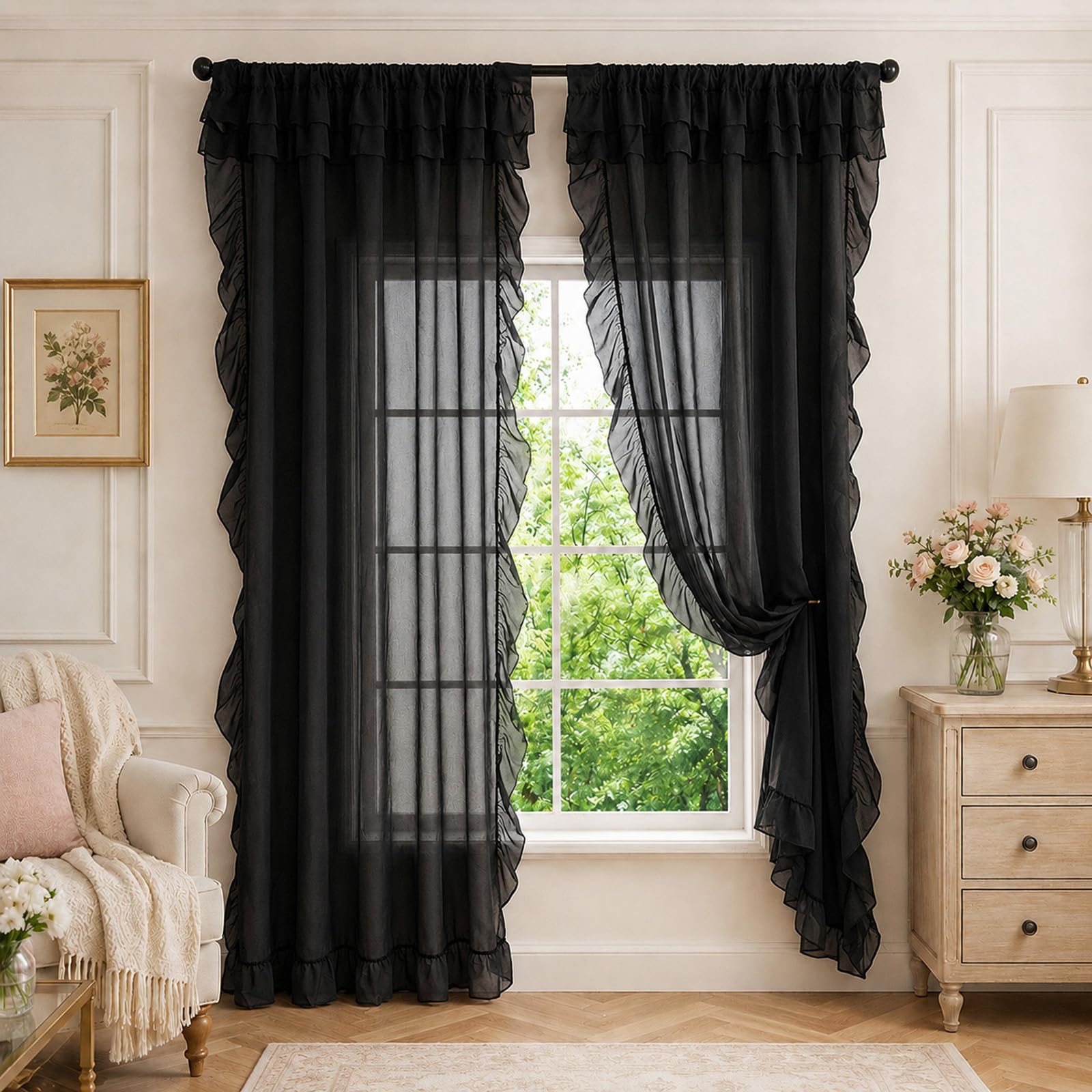 SSWH Voile Curtain, Rod Pocket Sheer Curtains for Bedroom, Ruffle Solid Color Voile Net Curtains for Windows Living Room(Size:100x130cm/W 39" x L 51" (2 Panels),Color:Black)