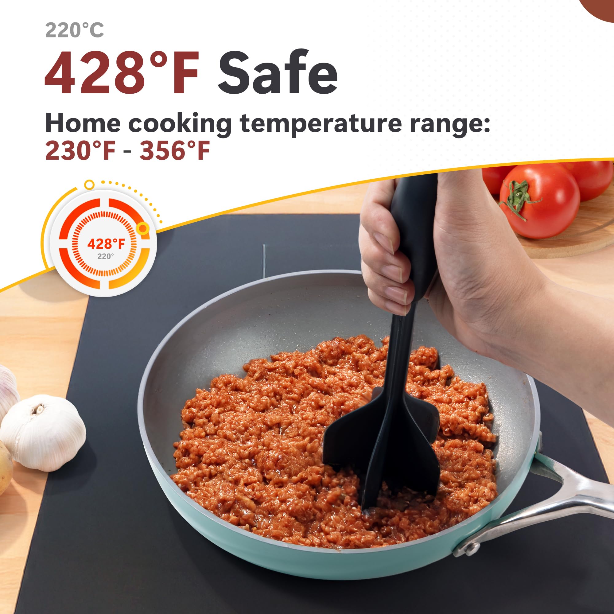 yulier Hachoir à Vian pour Bœuf Haché, Presse-Viande Résistant à la Chaleur pour Hamburger, Écrase-Bœuf Haché à 5 Lames avec Long Manche, Hachoir à Mélanger Antiadhésif en Nylon Outils de Cuisine