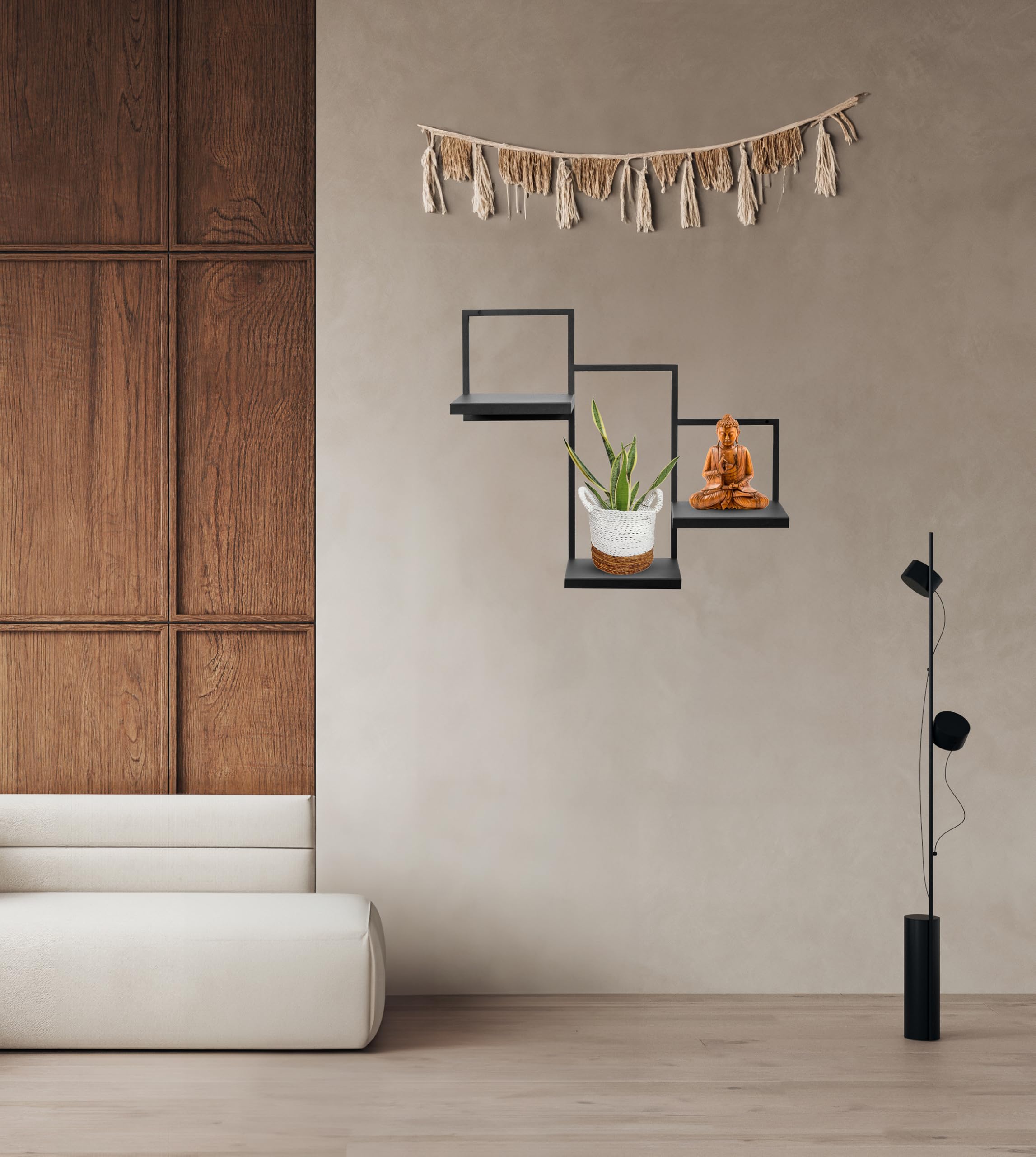 Ripiani Trio Scaffale per piante, 3 livelli - Nero - 58x22,5x50cm - Scaffale da parete in metallo - Supporto decorativo - Accessori per interni per il soggiorno