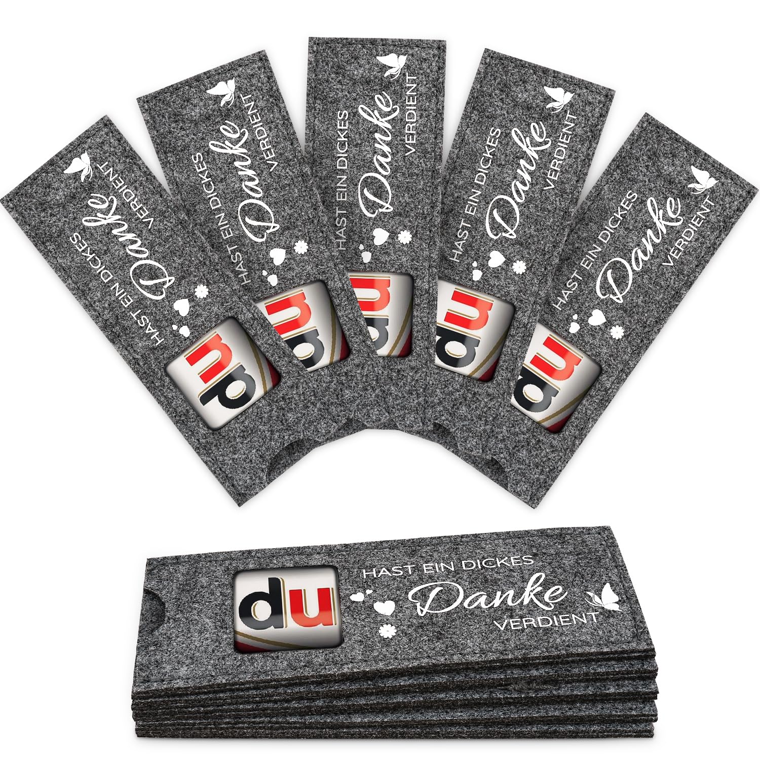 10 Stück Filzhüllen für Duplo-Schokolade –Du hast ein dickes Danke verdient | Liebevolle Geschenkverpackung als Dankeschön für Kollegen, Mitarbeiter, Freunde und kleine Aufmerksamkeiten