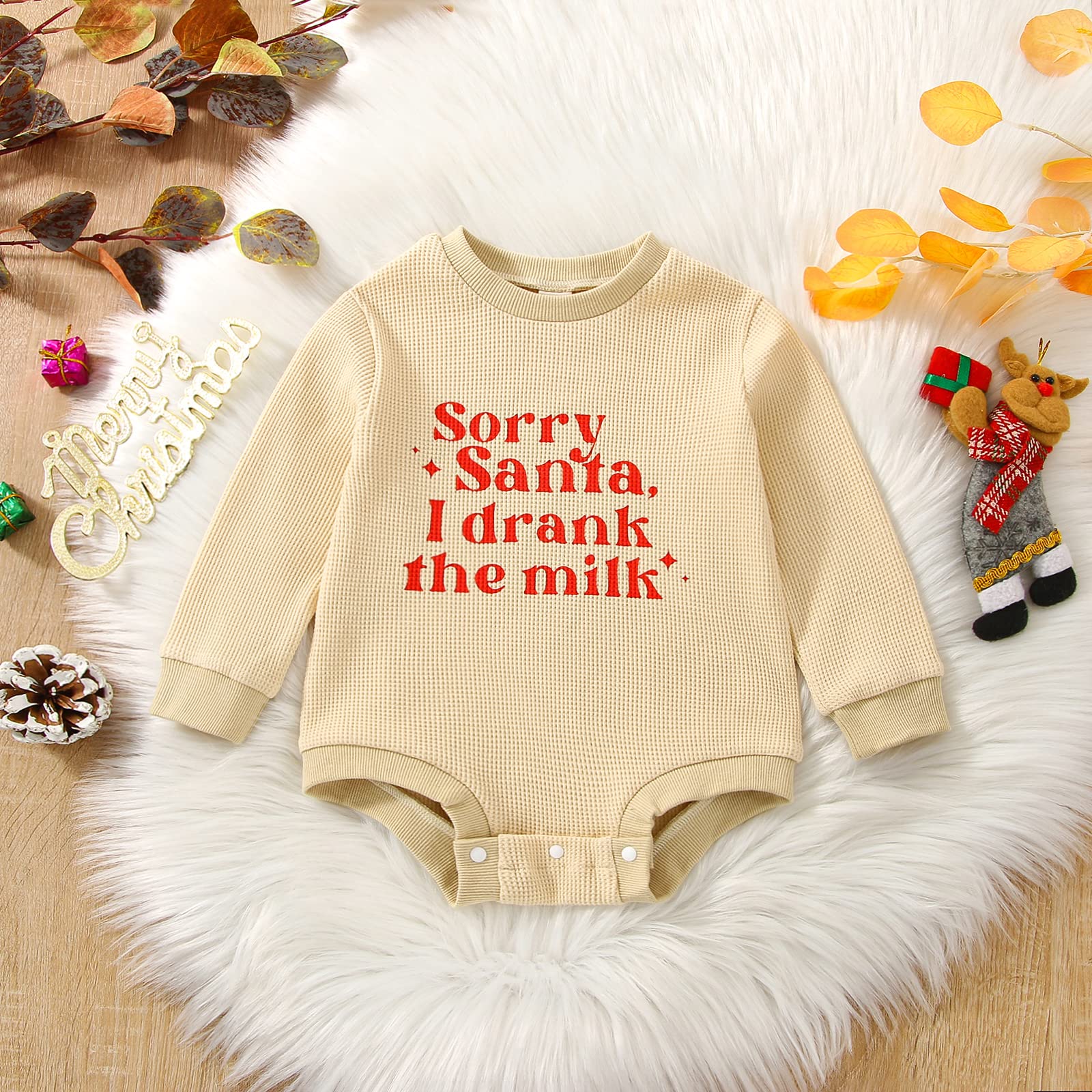 Newborn Baby Boy Girl My First Christmas Romper Long Sleeve Sweatshirt Letter Print Waffle Fall Winter Clothes (Apricot, 6-12 Months)
