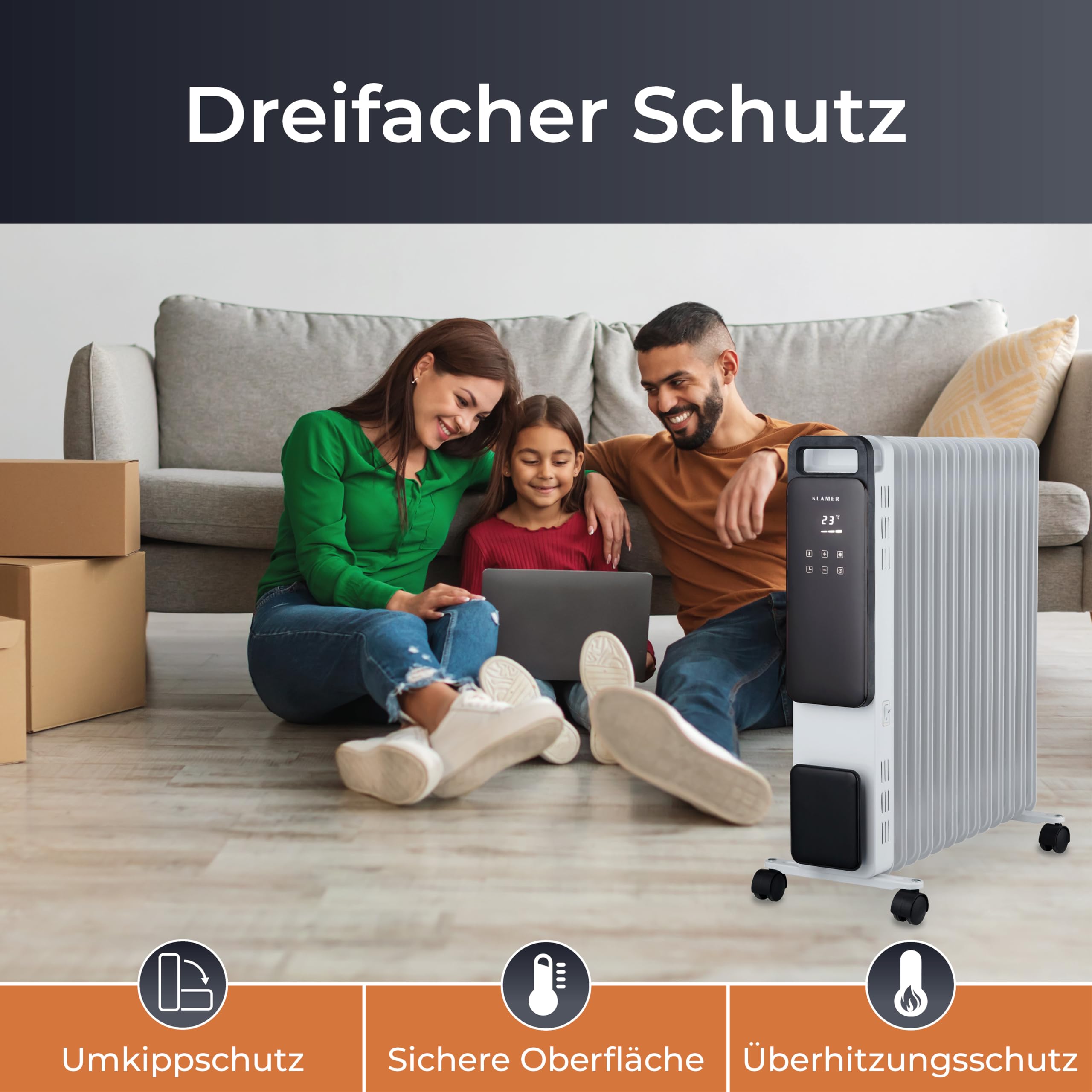 KLAMER Ölradiator 2500 W, Elektroheizung energiesparend, 13 Rippen, 3 Heizstufen mit Eco-Modus, 24h Timer, Thermostat, Überhitzungs- & Kippschutz, mit Fernbedienung, für Innenräume, weiß
