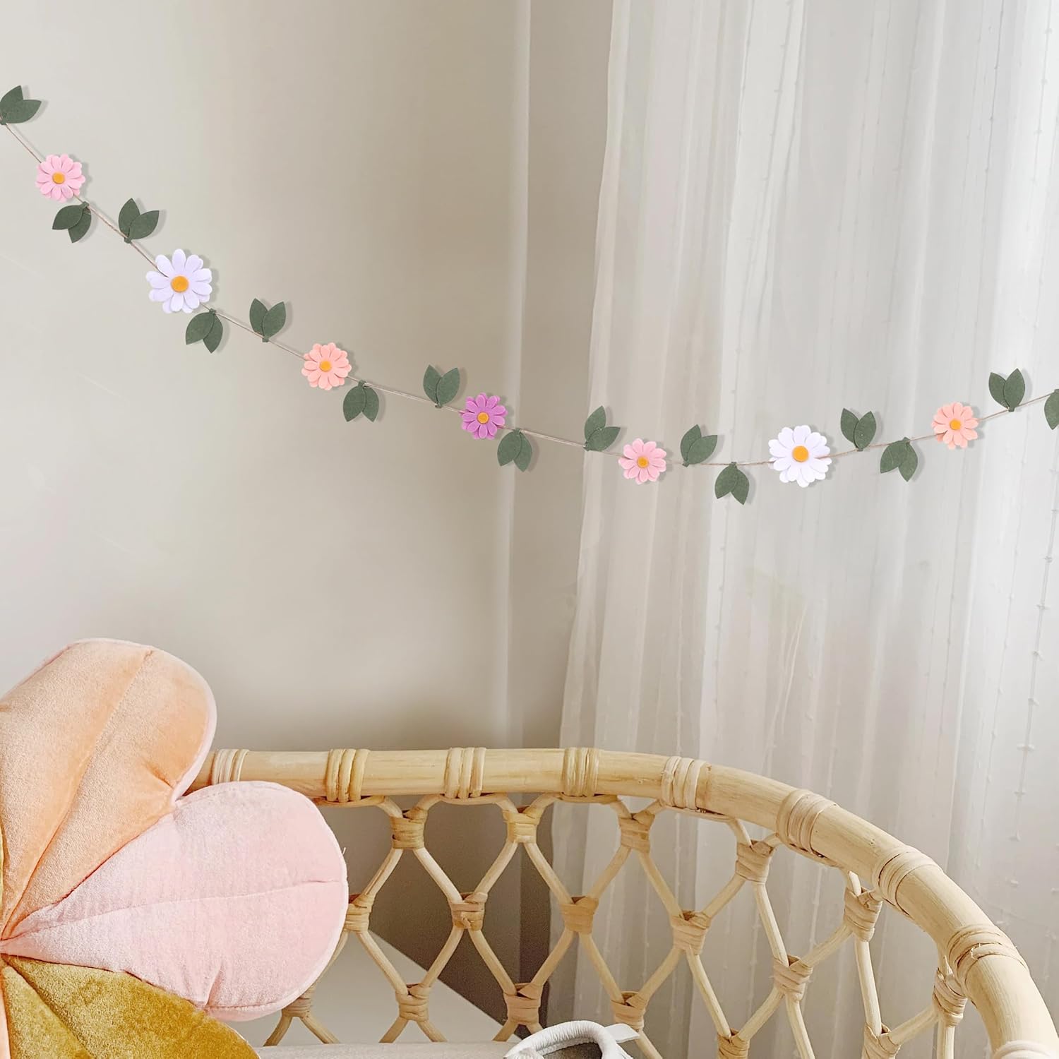 Daisy Leaf Felt Garland - Spring Flower Birthday Wedding Decorations, Colorful Daisy Green Leaves Banner, Felt Floral Wall Hanging Garland, Bohemian Garden Party Photo Props (Pink Daisy Leaf Garland) - Image 4