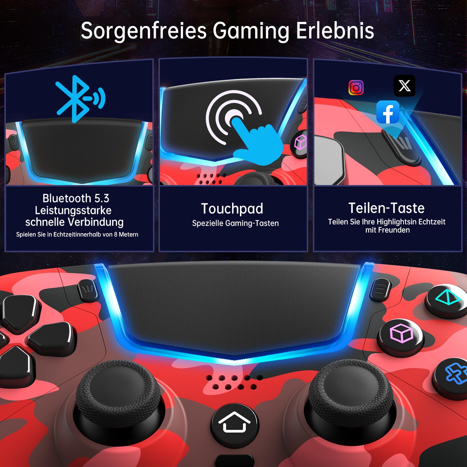 ancihdgm Wireless Controller Kompatibel mit PS-5/Pro/Slim/PC,Ersetzt den PS-5 Controller unterstützt Hall-Effekt-Joysticks/Hall-Triggern/6-Achsen-Gyros/Dual Vibration/Turbo,Rot