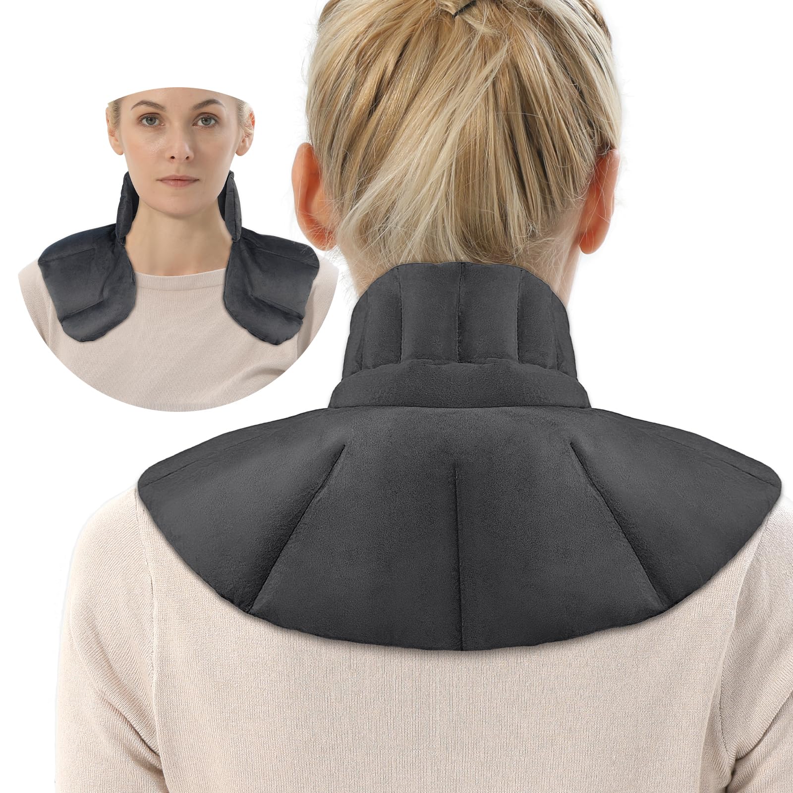 Körnerkissen Nacken Schulter für Mikrowelle, Kirschkernkissen Nacken Schulter, Nackenkissen mit Kragen,100% natürliche Füllungen Geschenke für die Familie, Wärme-/Kältetherapie(Grau)