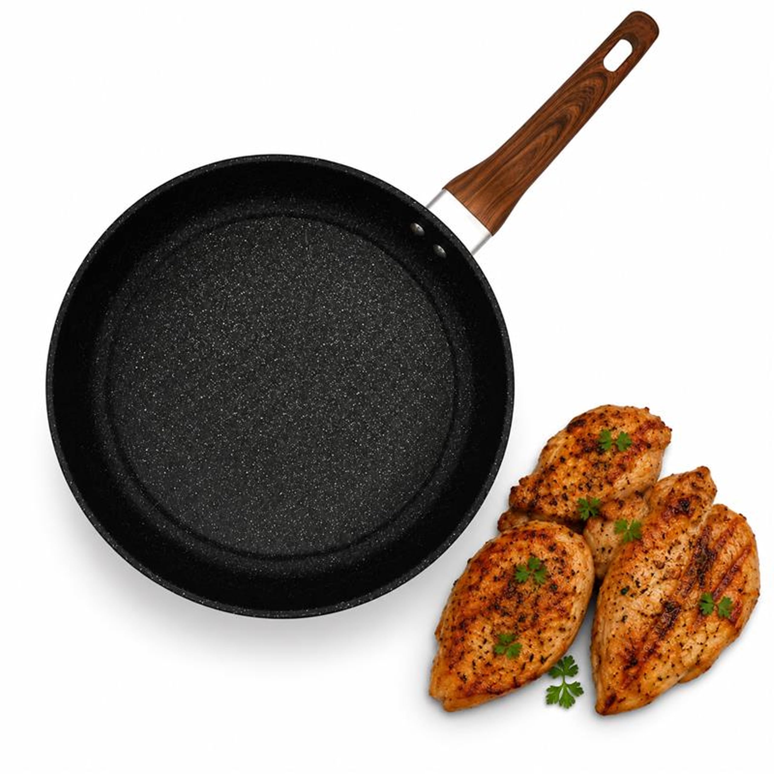 STL Frying Pan, Non-Stick with Wooden Handles (22cm), Suitable for Induction, Electric and Gas Hobs,Stone Frying Pan, Anti-Scratch Pans