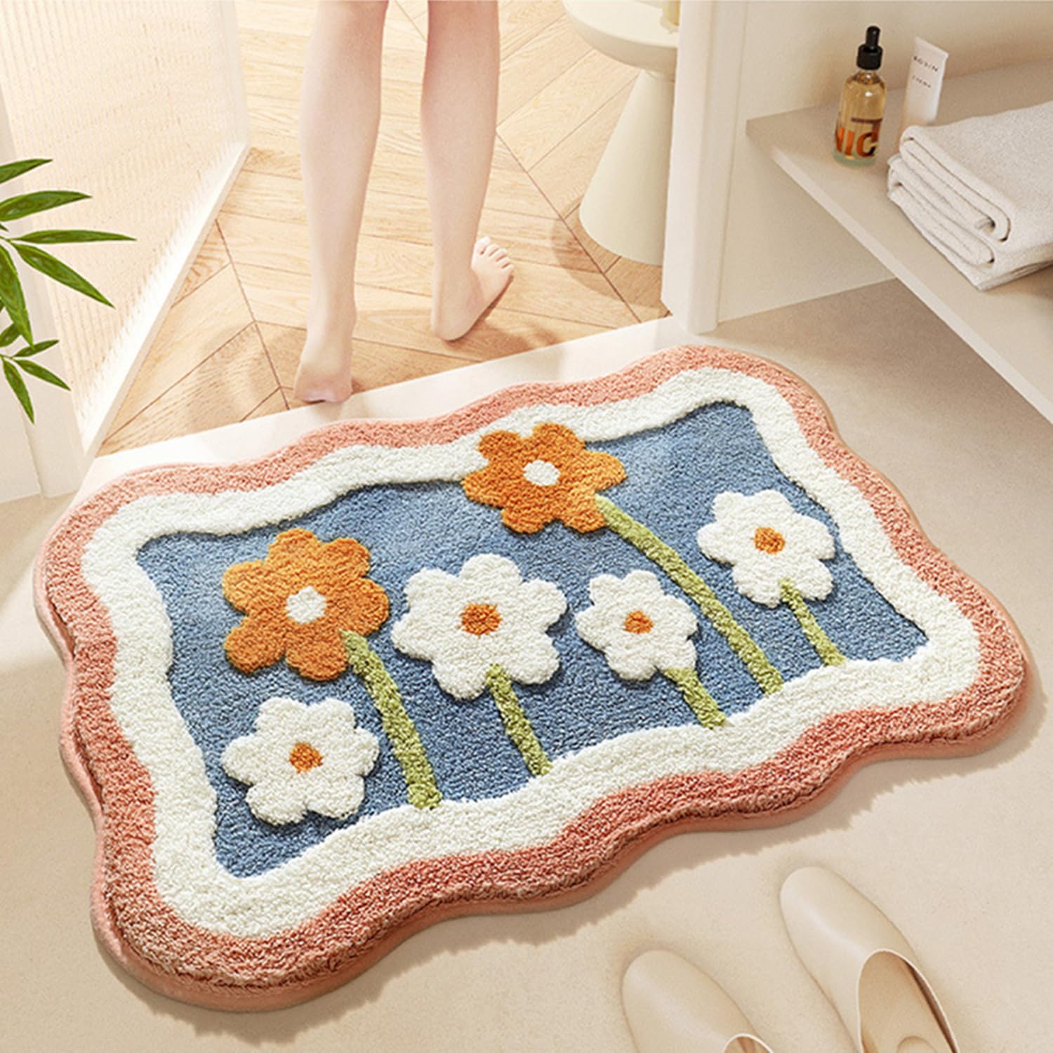 Alfombra de Baño Antideslizante, Alfombrilla de Baño Absorbente, Alfombra de Baño Lavable a Máquina con Microfibras Suaves de Agua para Estar,Bañera,Ducha y Baño (Flor, 50x80cm)