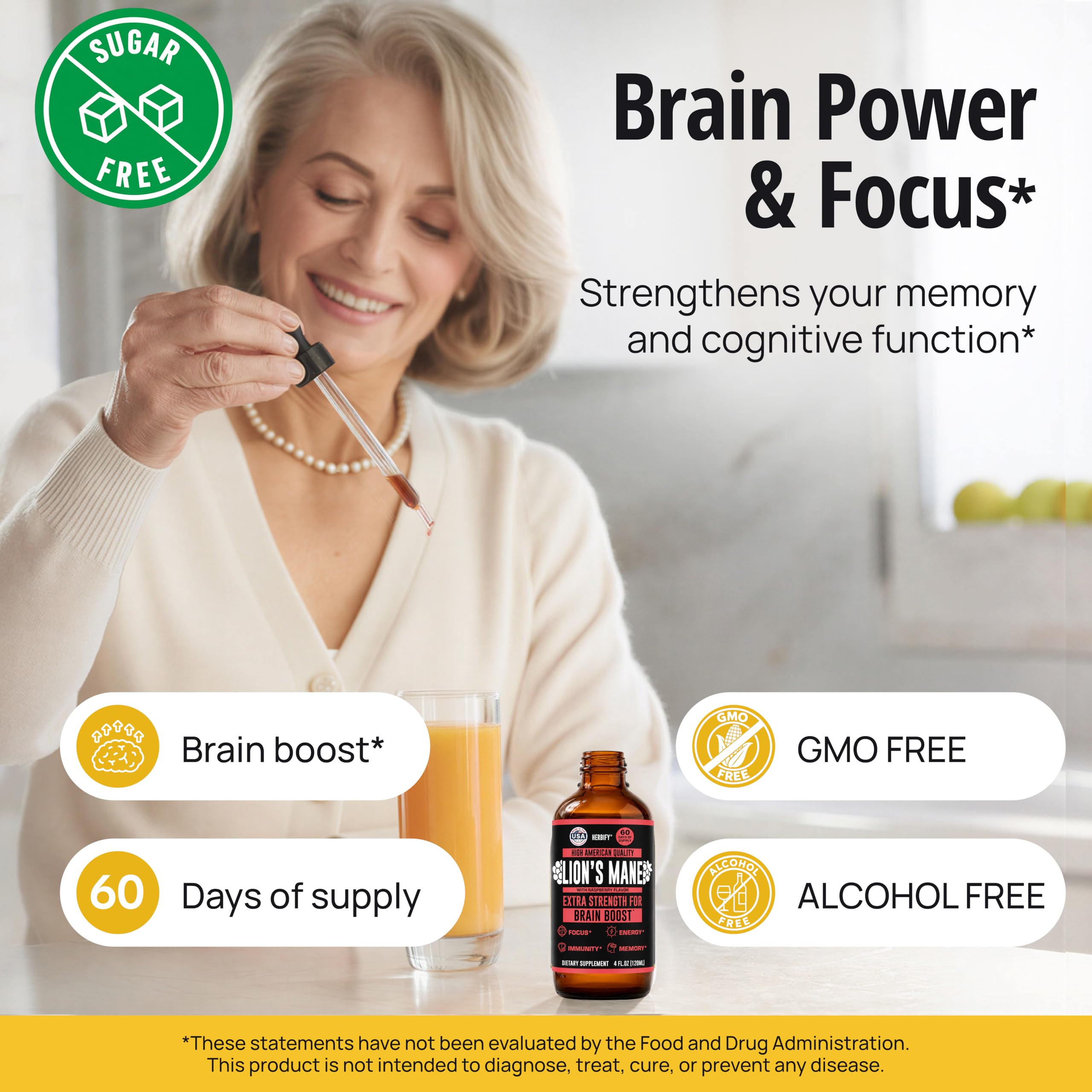 HERBIFY Lions Mane Supplement - Daily Mushroom Supplement for Memory, Focus & Clarity - Brain Booster - Lions Mane Tincture for Natural Immune Support - 4 Fl Oz Raspberry Flavor — Amazon image 2