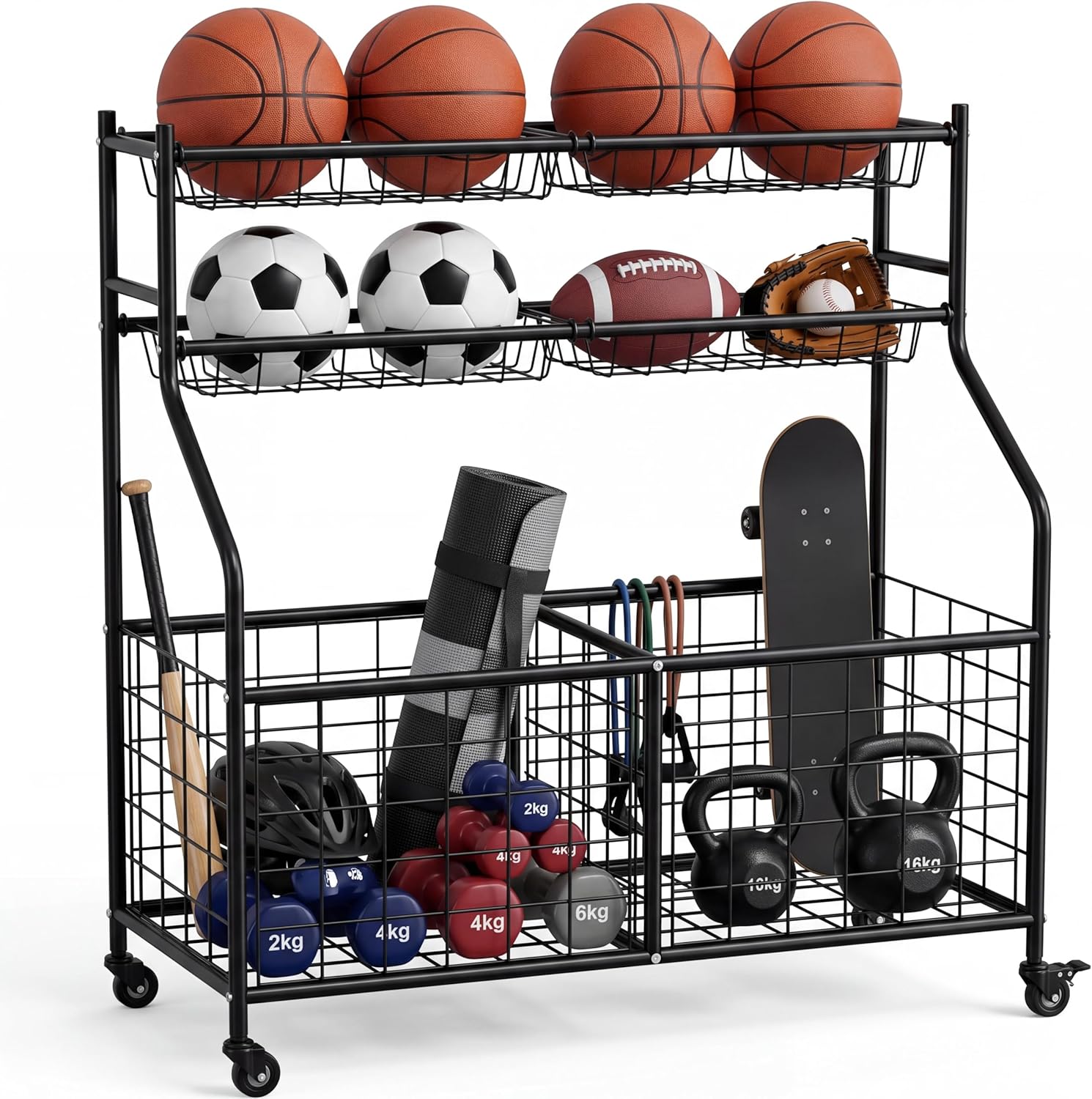 Garvee Ball Storage Cart, Sports Equipment Garage Organizer with Wheels for Sports Gear and Toys, Rolling Indoor/Outdoor Storage Cart