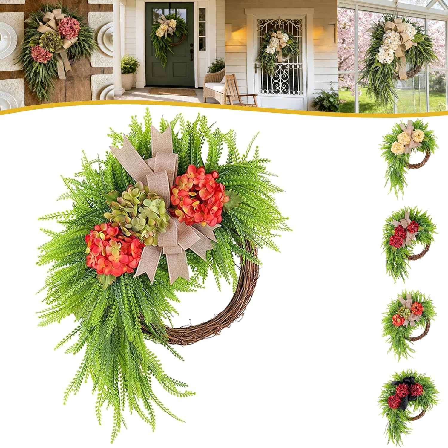Rustic Bohemian Wreath, Double-Sided Door Hanging with Linen Bow & Greenery, Farmhouse Artificial Wreath Spring Summer Wall Decor for Home, Patio, Front Porch Indoor Outdoor (C)