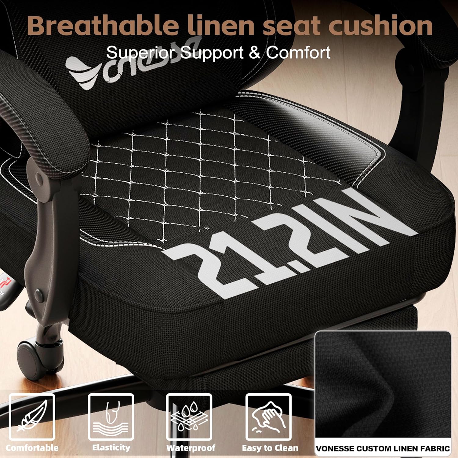 Vonesse Office Chair, Desk Chair with Linen Breathable Mesh Fabric, Gaming Chair with Lumbar Support and Massage, Executive Computer Chairs with Footrest and Headrest (Black)