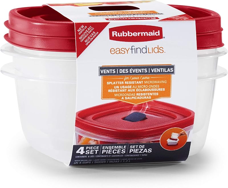 Rubbermaid Easy Find Recipientes para almacenamiento de alimentos con tapas ventiladas, 5 tazas, 2 unidades, rojo