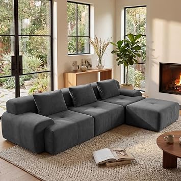 GRUSIGN 108 Modular Sectional Boneless Couch, Tufted Cloud Sectional Couches for Living Room, L Shape Deep Seat Sofa with Ottoman & 3 Throw Pillows,Corduroy Oversized Couch,Dark Grey | Sectional