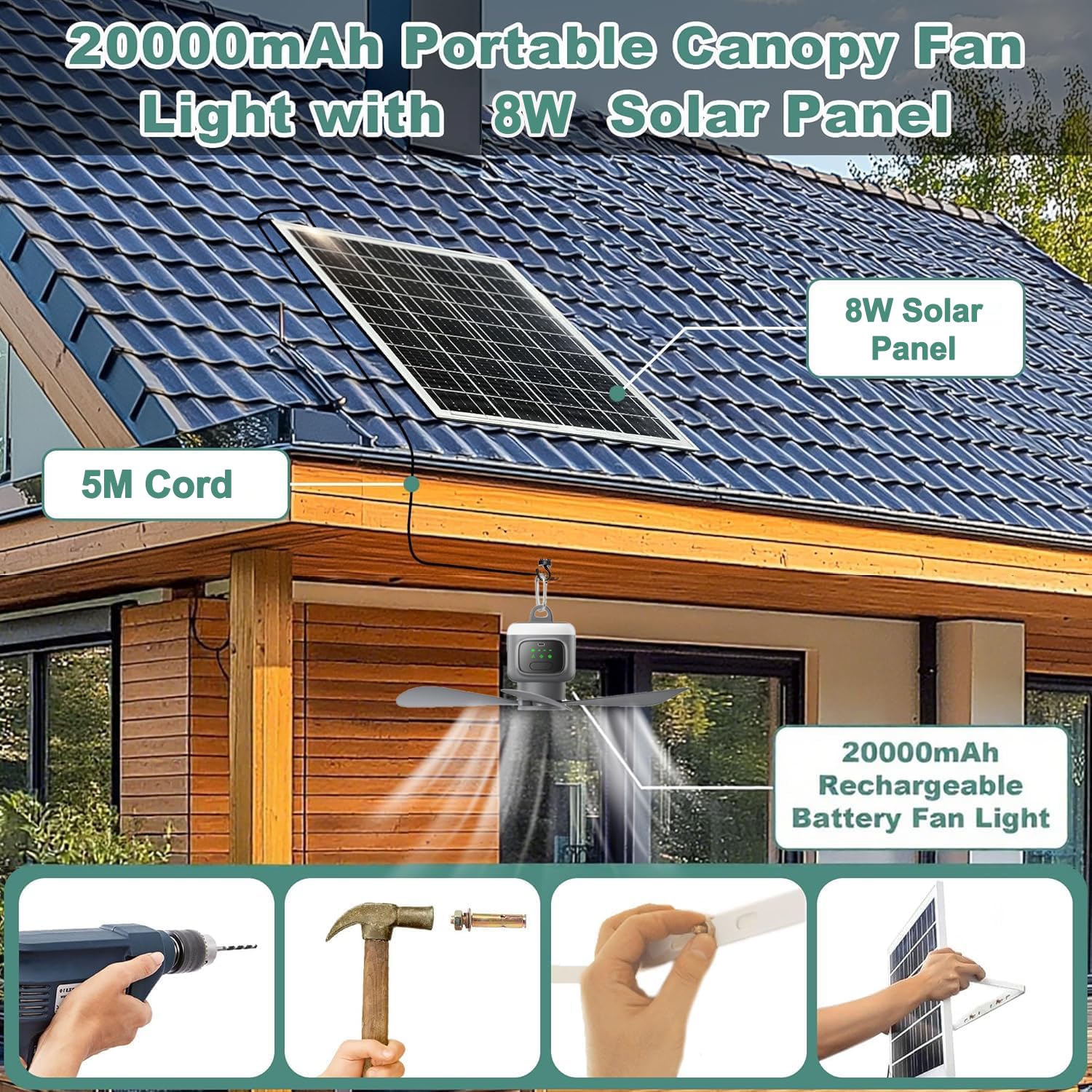 Solar Deckenventilator mit Beleuchtung LED Akku Ventilator mit Deckenleuchte Dimmbar Ventilatorlicht mit Fernbedienung Aufhängehaken Fan Deckenlampe für Terrasse Balkon Schirm Garten Outdoor