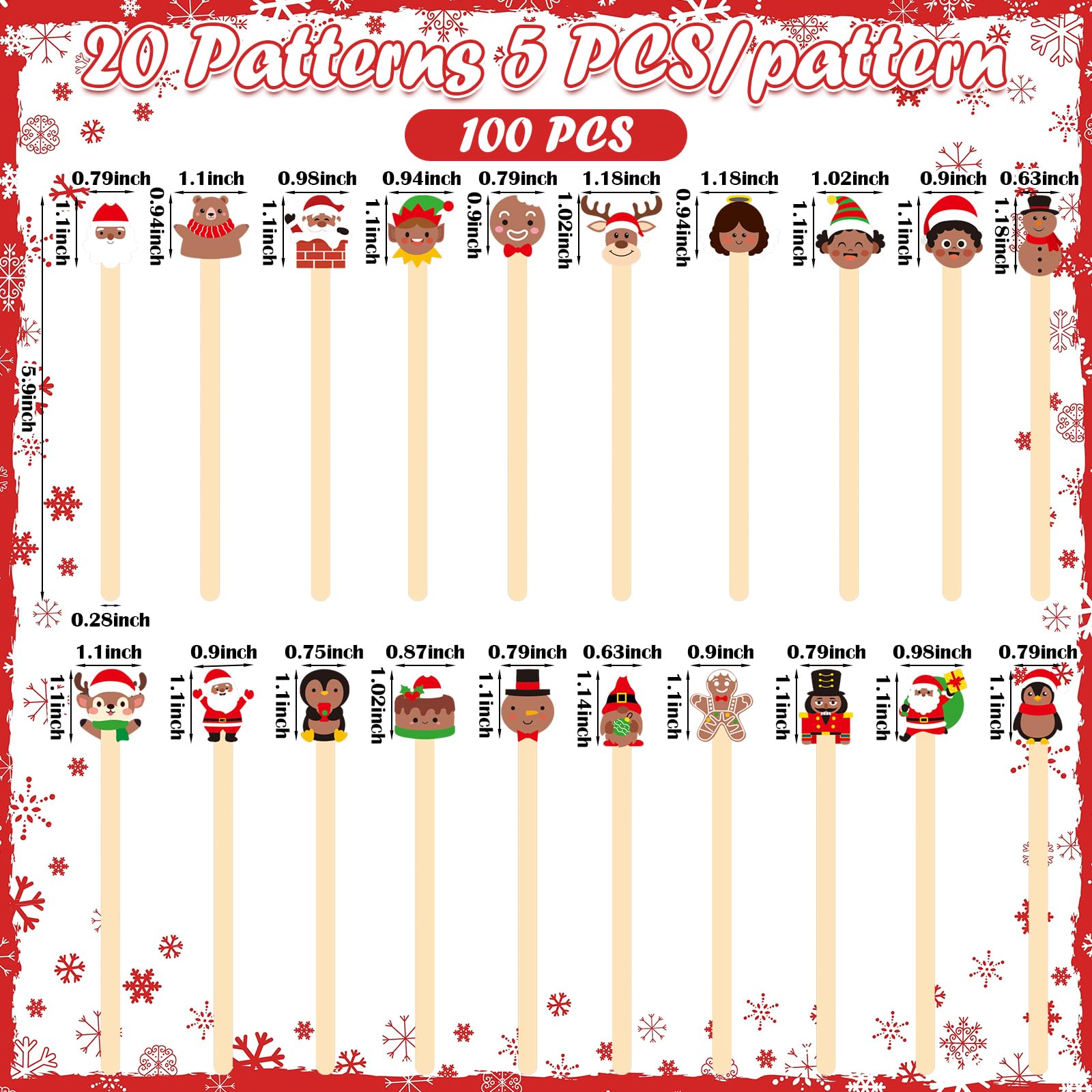 Mifoci 100 Pcs Christmas Wooded Coffee Stirrers African American Christmas Coffee Stir Sticks Disposable Stirring Sticks for Beverage Chocolate Hot Drink Party Supplies, 20 Styles (African American)