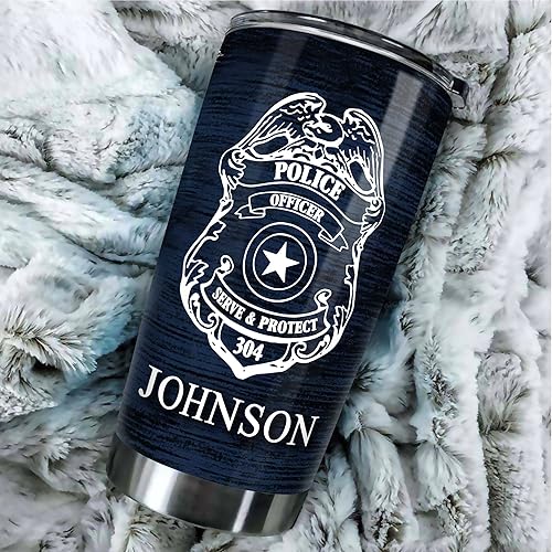Miniatura 3 de Vaso de policía personalizado con insignia de policía, regalo de oficial de policía, vaso de acero inoxidable de 20 onzas con línea azul fina y