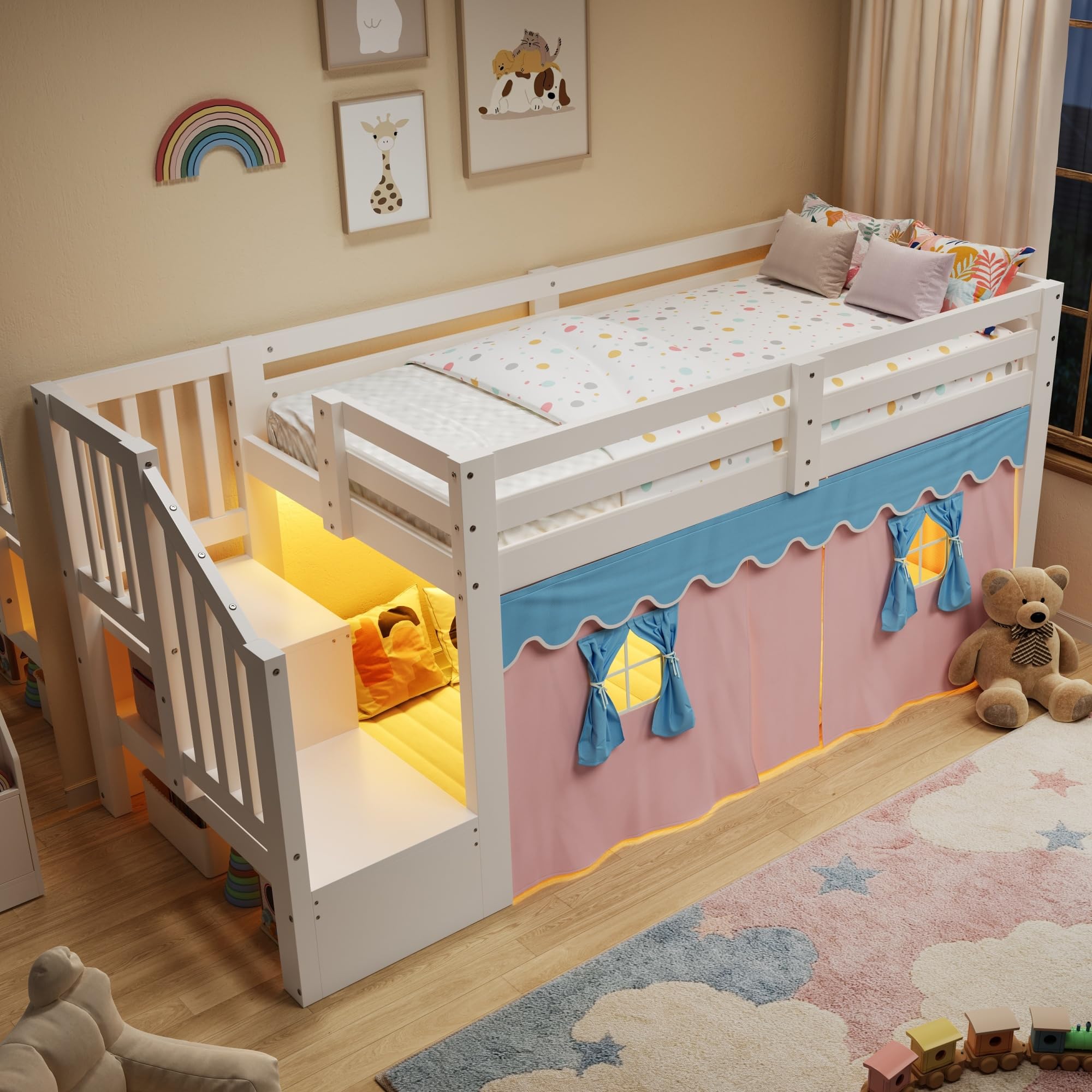 Sapgaks Lit Mezzanine Enfant 90x200 cm Con Bande LED,Rideaux occultants, Espace Ouvert sous Le lit,lit mi Hauteur en pin,sans Matelas,Blanc