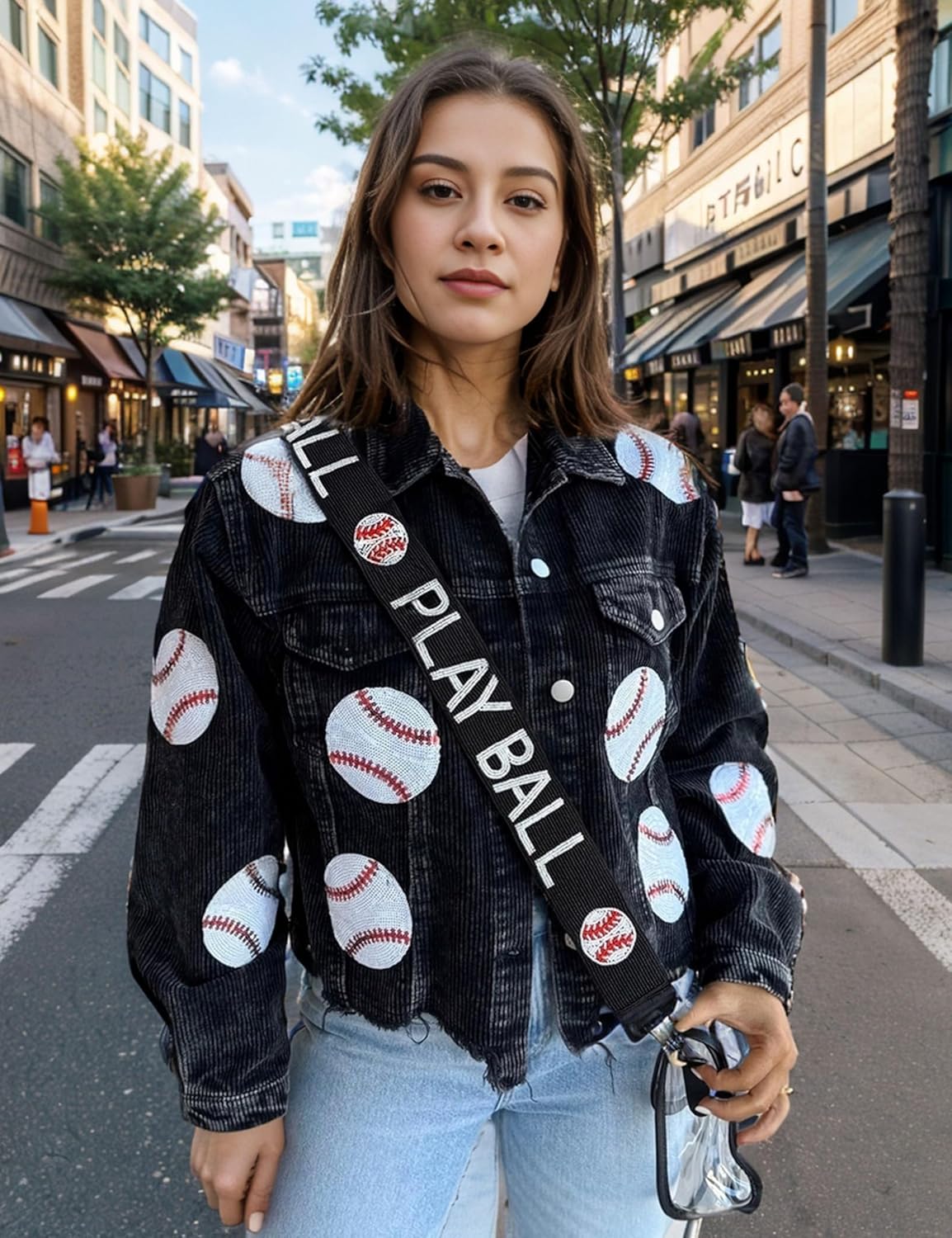 Xunger Women’s Cropped Corduroy Jackets Baseball Sequin Patched Raw Hem Short Button Down Jacket Coat - Image 4