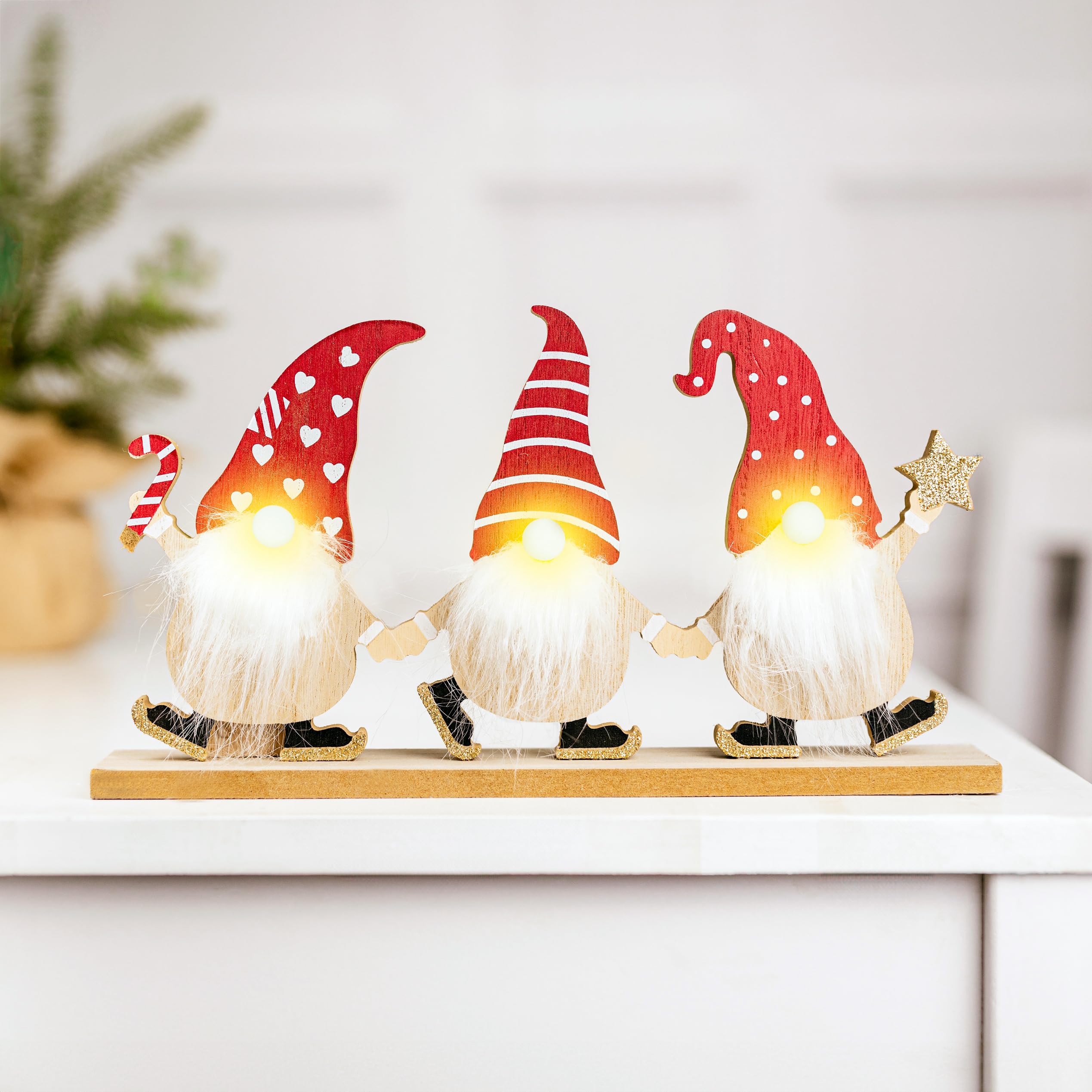 Marco Paul Interiors Women's Gonk Trio Marco Paul 29Cm Wooden Gonk Santa Led Sign - Free-Standing Light Up Xmas Table Decoration - Rustic Table Centrepiece For Mantel, Fireplaces & Windowsill - Christmas Table Decoration Gifts For
