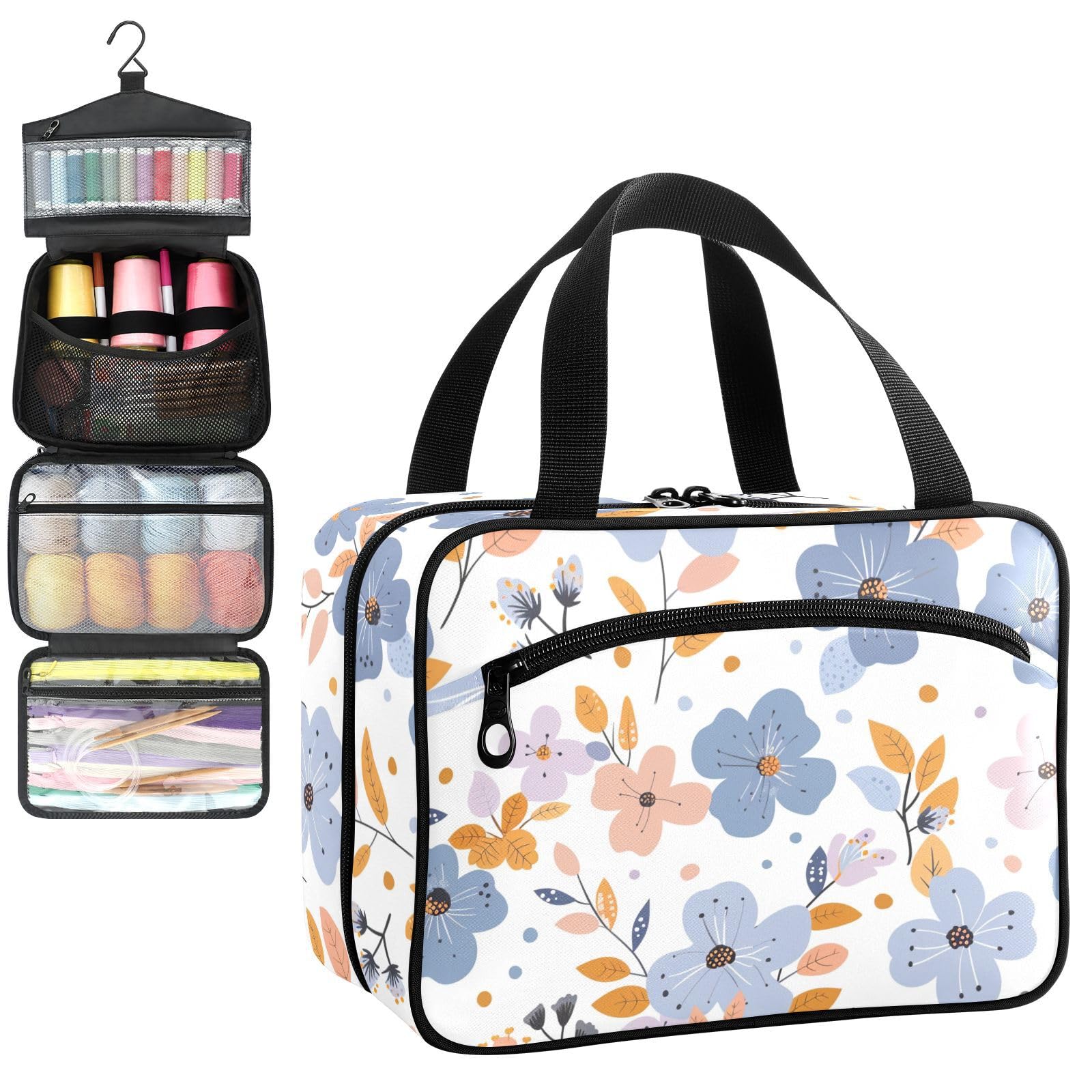 YNNALE Sewing Supply Organizer Bag, Flower Leafs Gray Blue Portable Sewing Bags with Pockets&Hanger, Sewing Storage Box Case for Sew Supplies/Kit/Tools/Accessories (BAG ONLY)