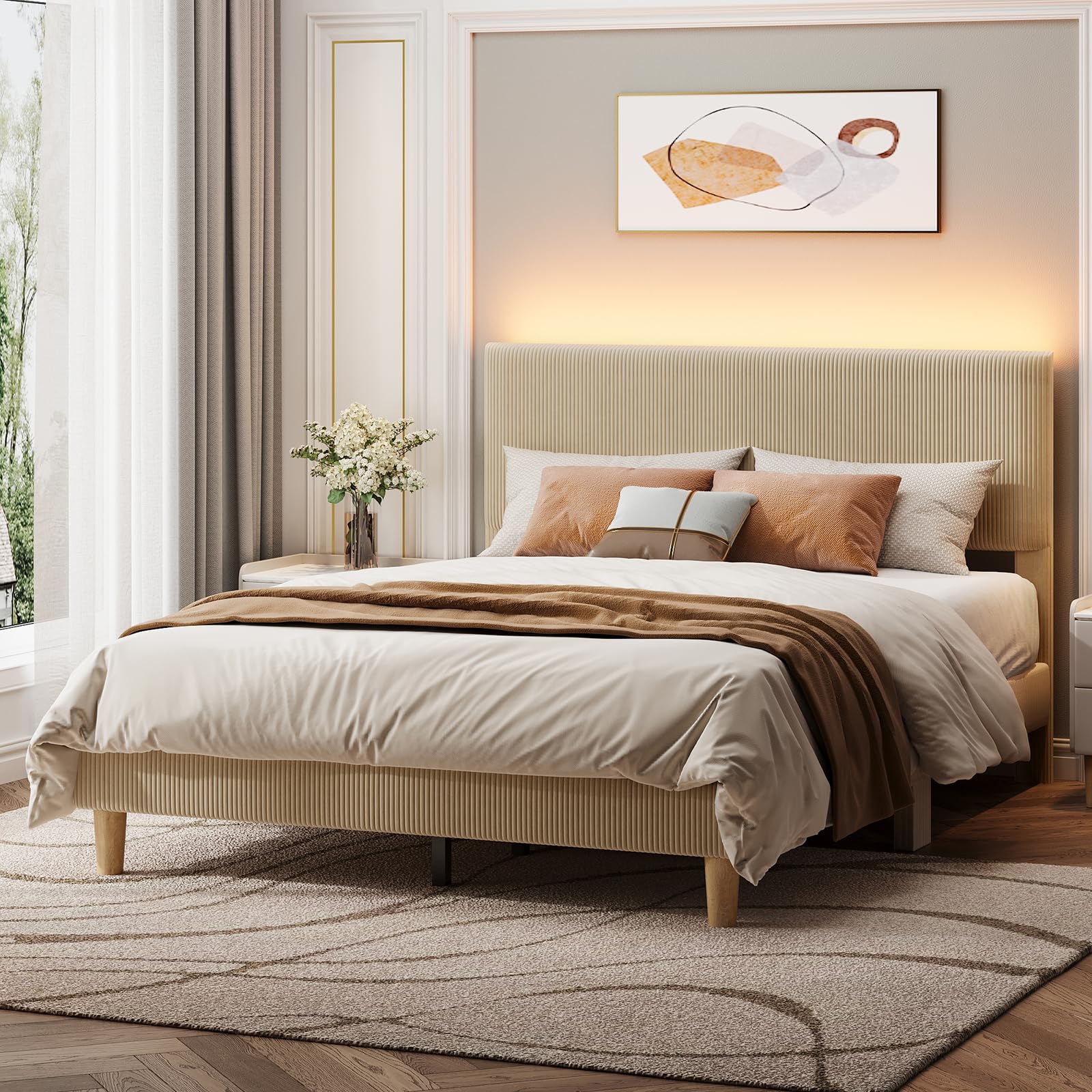 Bestier Queen Bed Frame with Adjustable Headboard, LED Lighting, Vertical Channel Tufted Corduroy Upholstered, Solid Wooden Slats Support, No Box Spri