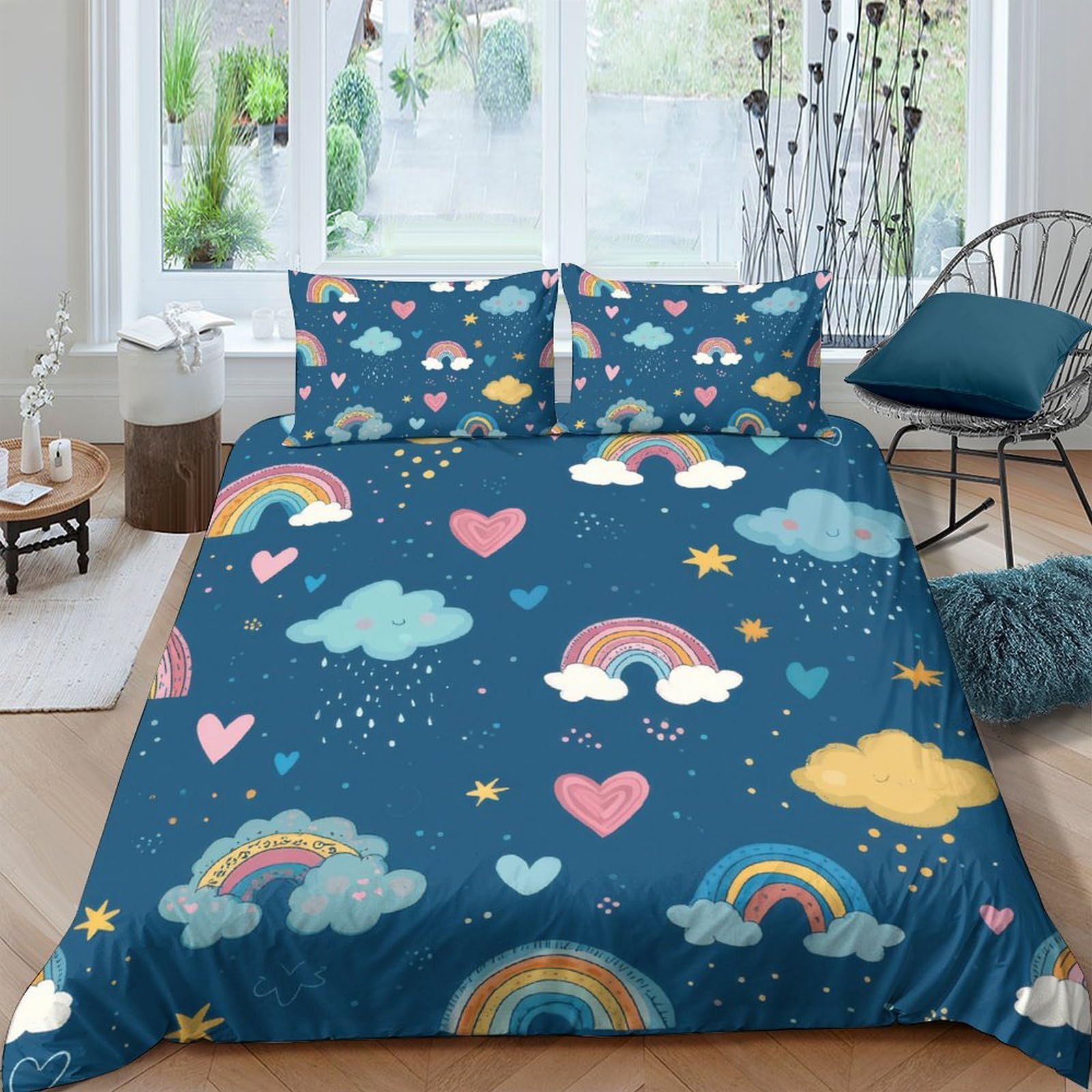 Ctjqhvkz Style-5 3D Printed Rainbow Clouds Fitted Sheet Microfiber Blue Heart Stars Mattress Cover For Bedroom Guest Room Decor Single（135X200cm）