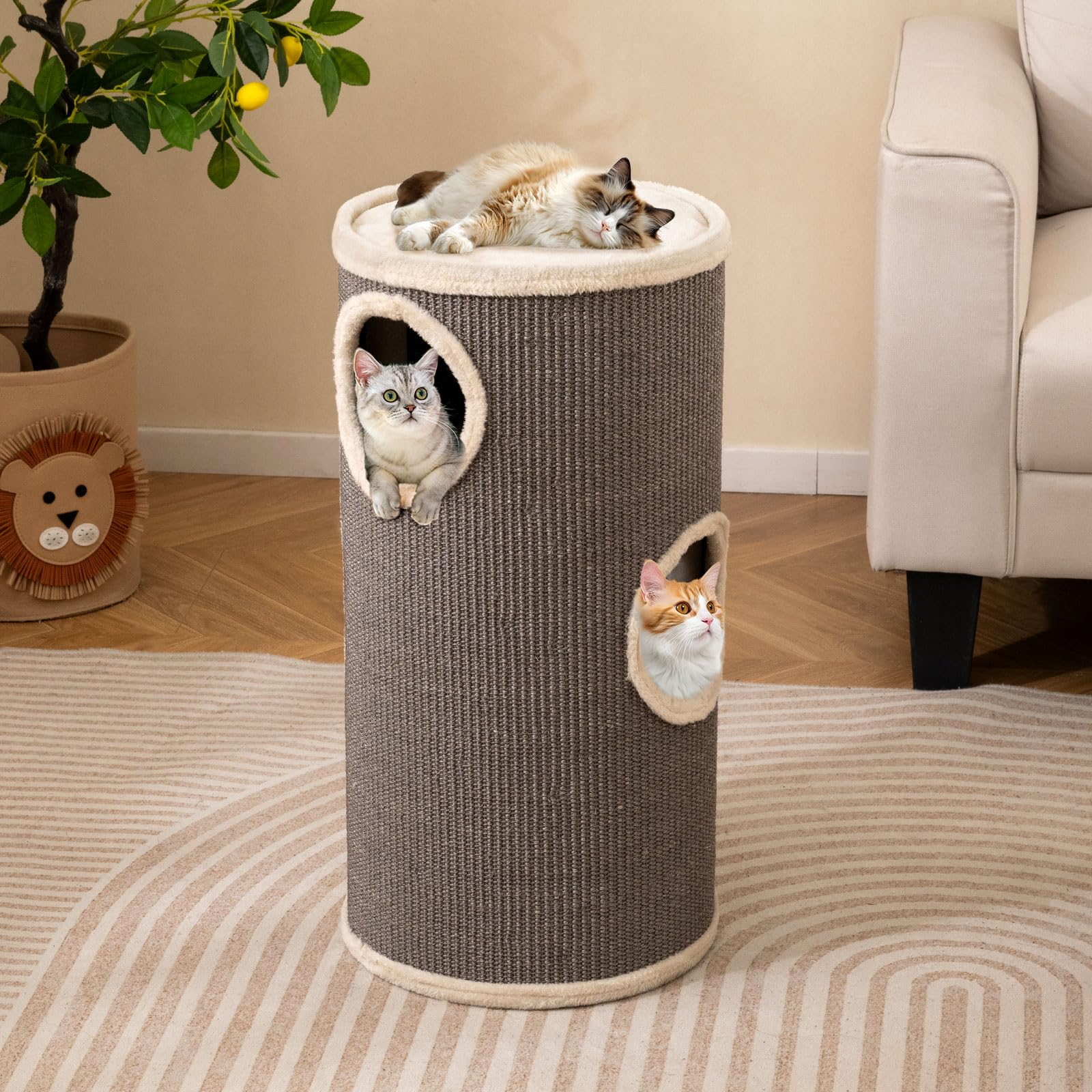 GYMAX Tonneau à Gratter pour Chat 70cm avec 3 Cachettes, Tour à Griffer Chat avec Perchoir en Peluche, Griffoir en Sisal, Entrées, Meuble Colonne Multi-Niveaux pour Chatons, Ø 36 cm