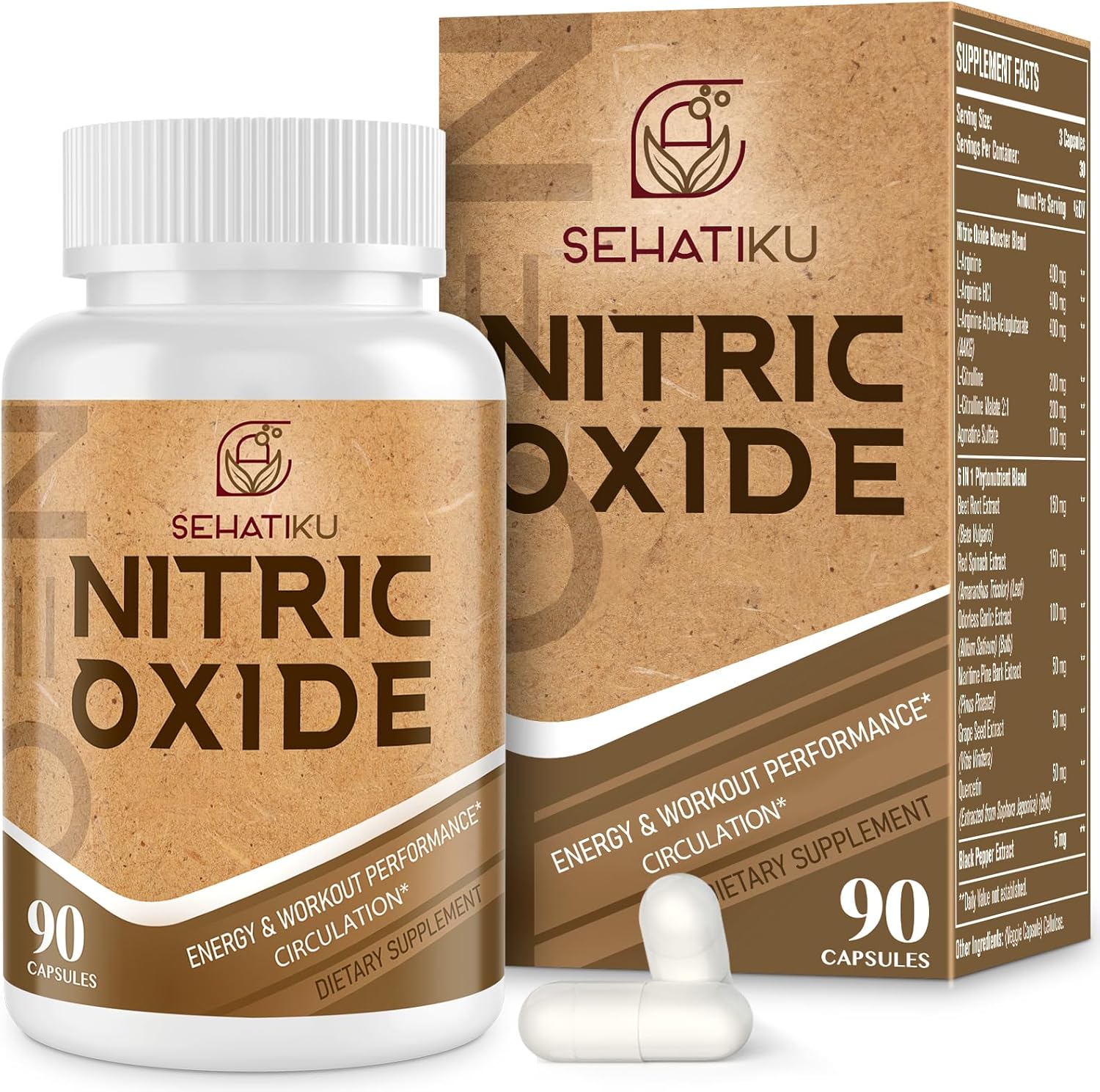 Nitric Oxide Supplement, Nitric Oxide Booster & 6-in-1 Phytonutrient Blend for Heart, Flow, Immune - 90 Capsules (1 Bottle)