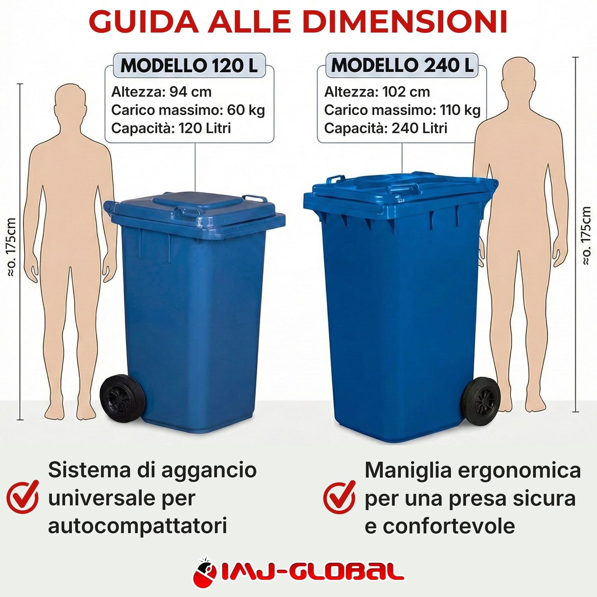 IMJ-Global - Duży wysoki kosz na śmieci 240 litrów PN-EN 840 z kółkami i mechanicznym systemem zaczepu do zbierania, kosze na śmieci do recyklingu plastikowy pojemnik na śmieci (żółty)