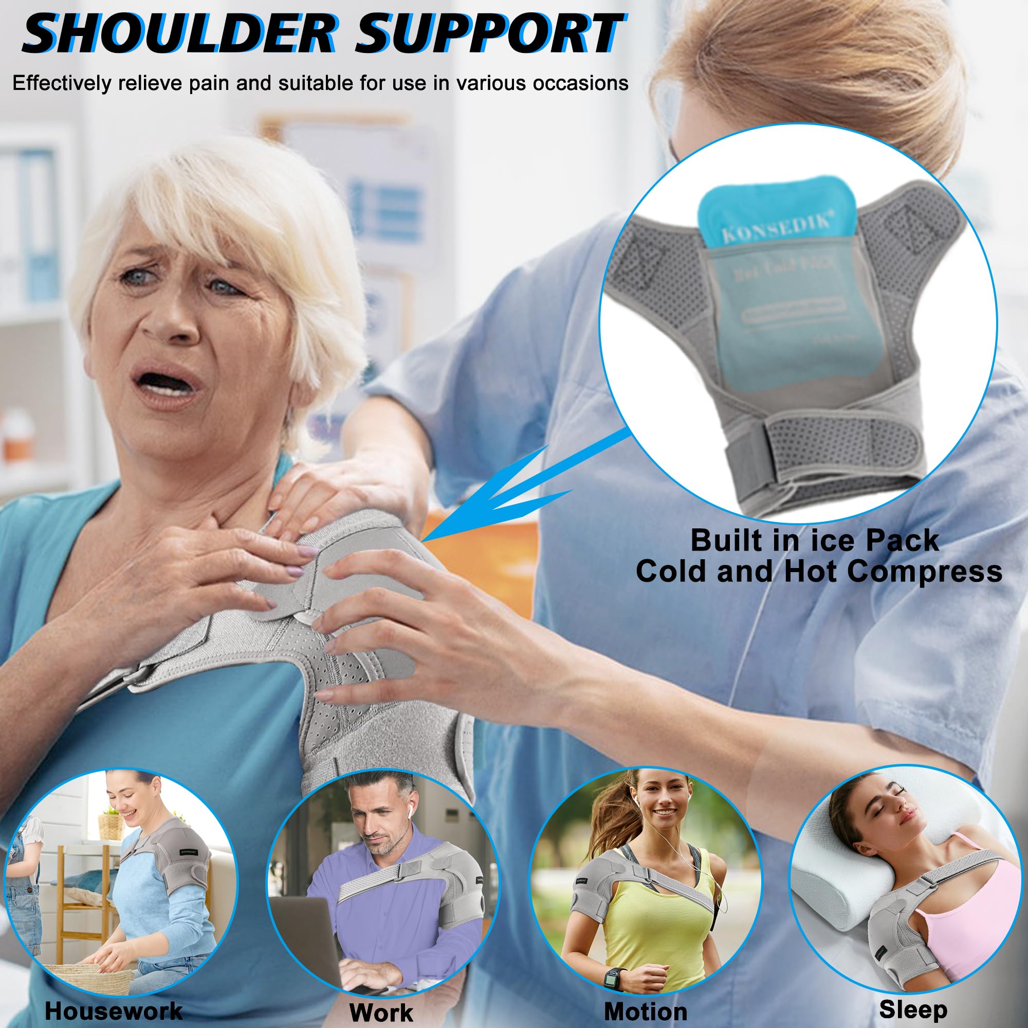 KONSEDIK Schulterbandage für Damen und Herren, Schulterstabilitätsstütze, verstellbare Passform, für Schulterverletzungen, Sehnenentzündung, Luxation, gerissene Rotatorenmanschette, Schmerzlinderung