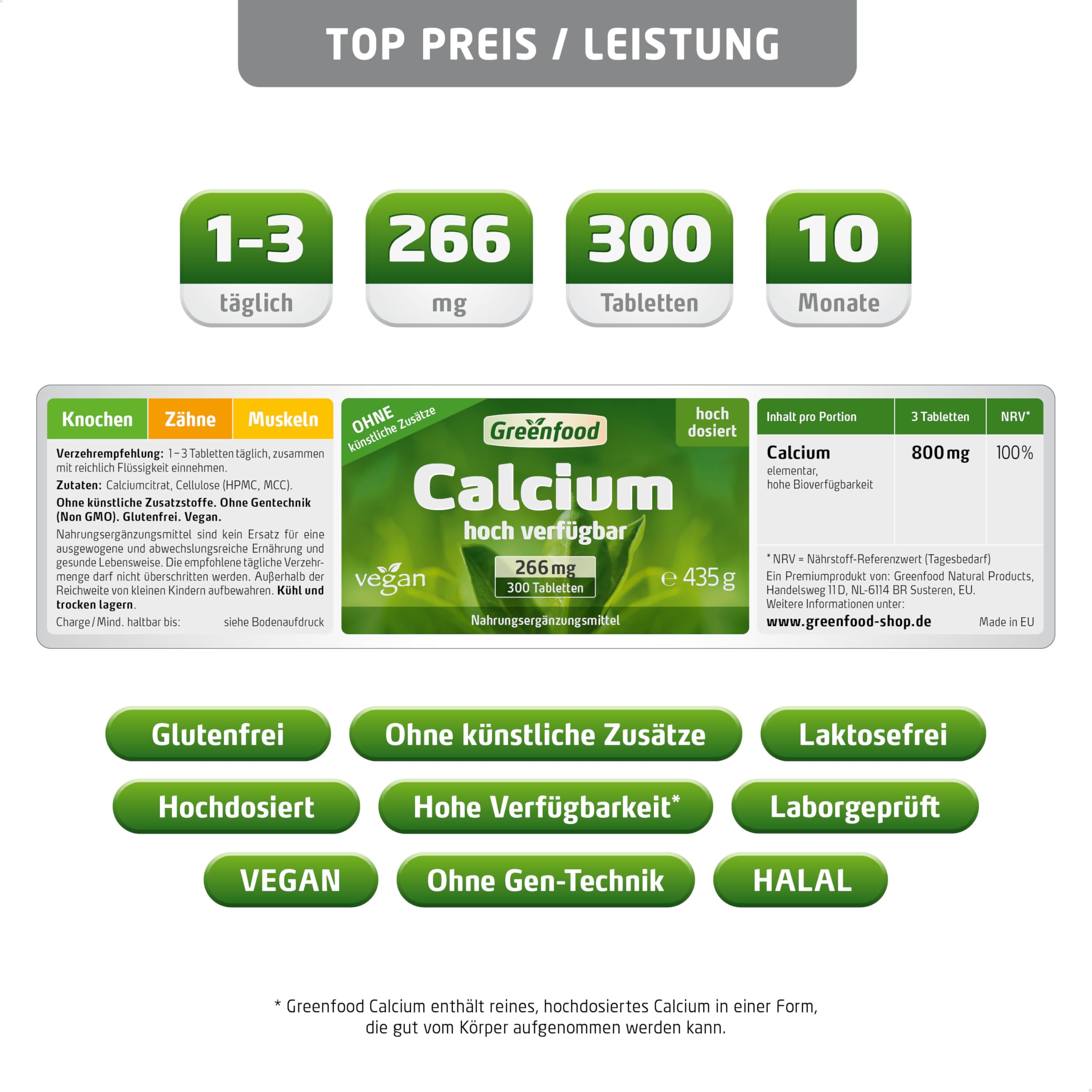 Calcium, hochdosiert, 266mg - 300 Tabletten, vegan. Calciumcitrat (hohe Bioverfügbarkeit) - für Zähne, Knochenerhalt & Muskelfunktion. OHNE künstliche Zusätze - laborgeprüft. Von Greenfood.