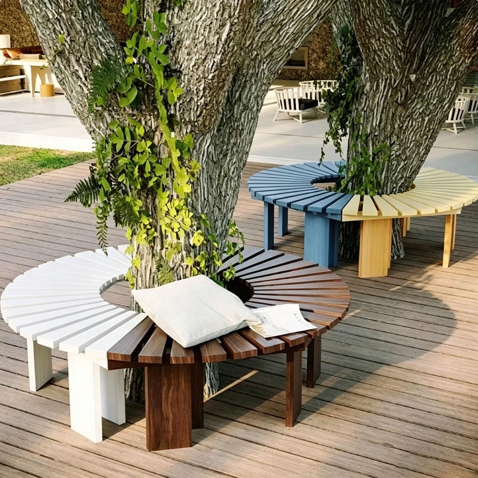 Banco semicircular para árbol en color marrón y diseño curvo para jardín