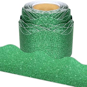 65.6Ft Green Glitter Bulletin Board Border, Self-Adhesive Scalloped Bulletin Board Borders for School Home Office Chalkboard Wall Decor