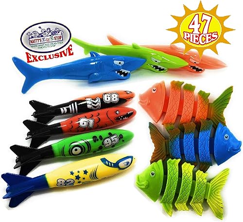 Miniatura 3 de Matty's Toy Stop Juego de buceo de 47 piezas para buceo/piscinas con palos de buceo, anillos de buceo, gemas, bolas, peces, torpedos, tiburones,