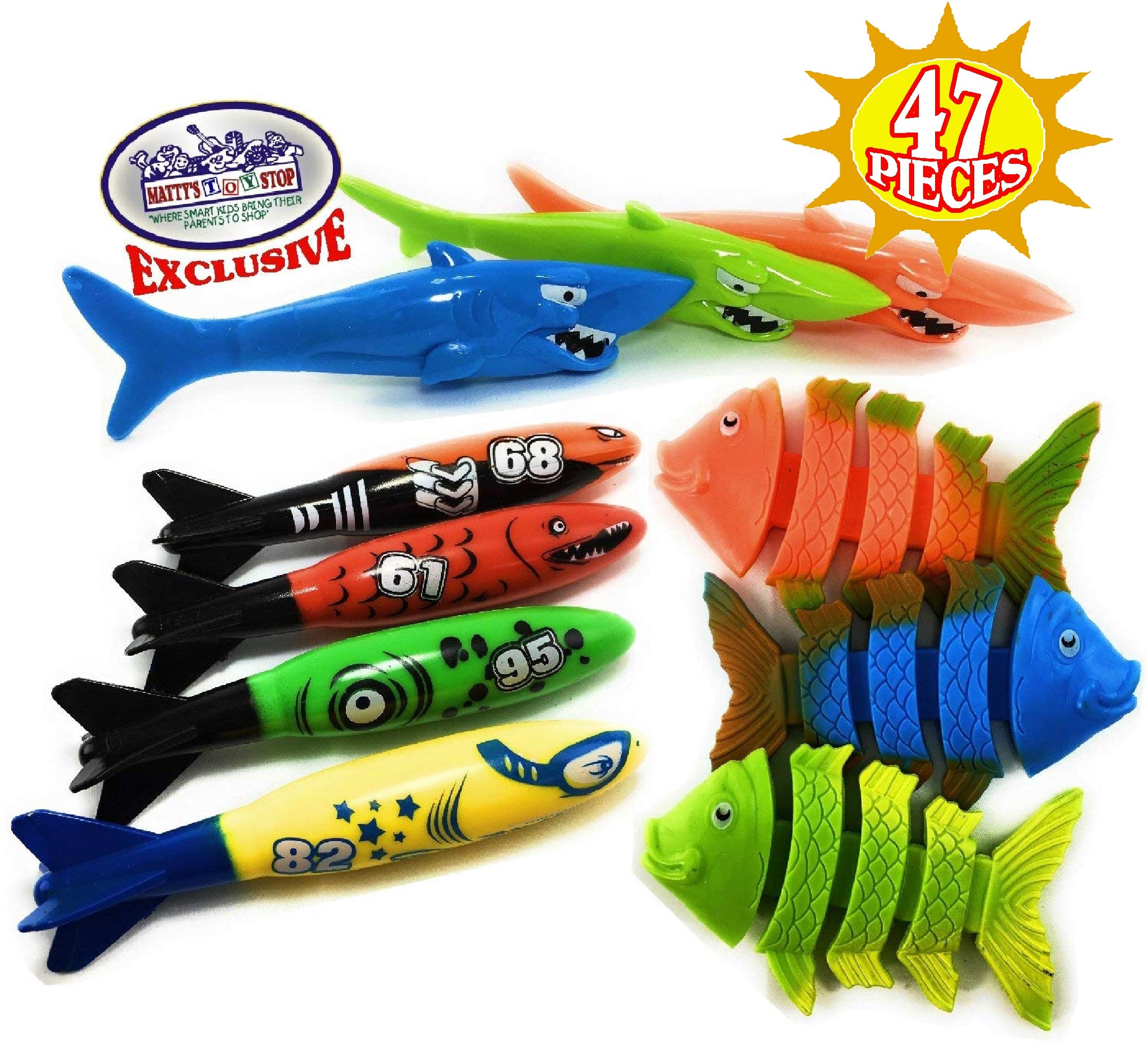 Matty's Toy Stop 47 Piece Super Ultimate Dive Set for Diving/Swimming Pools Featuring Dive Sticks, Dive Rings, Gems, Balls, Fish, Torpedo, Shark, Octopus, Jellyfish, Fishing Nets & Bonus Storage Bag - Image 3