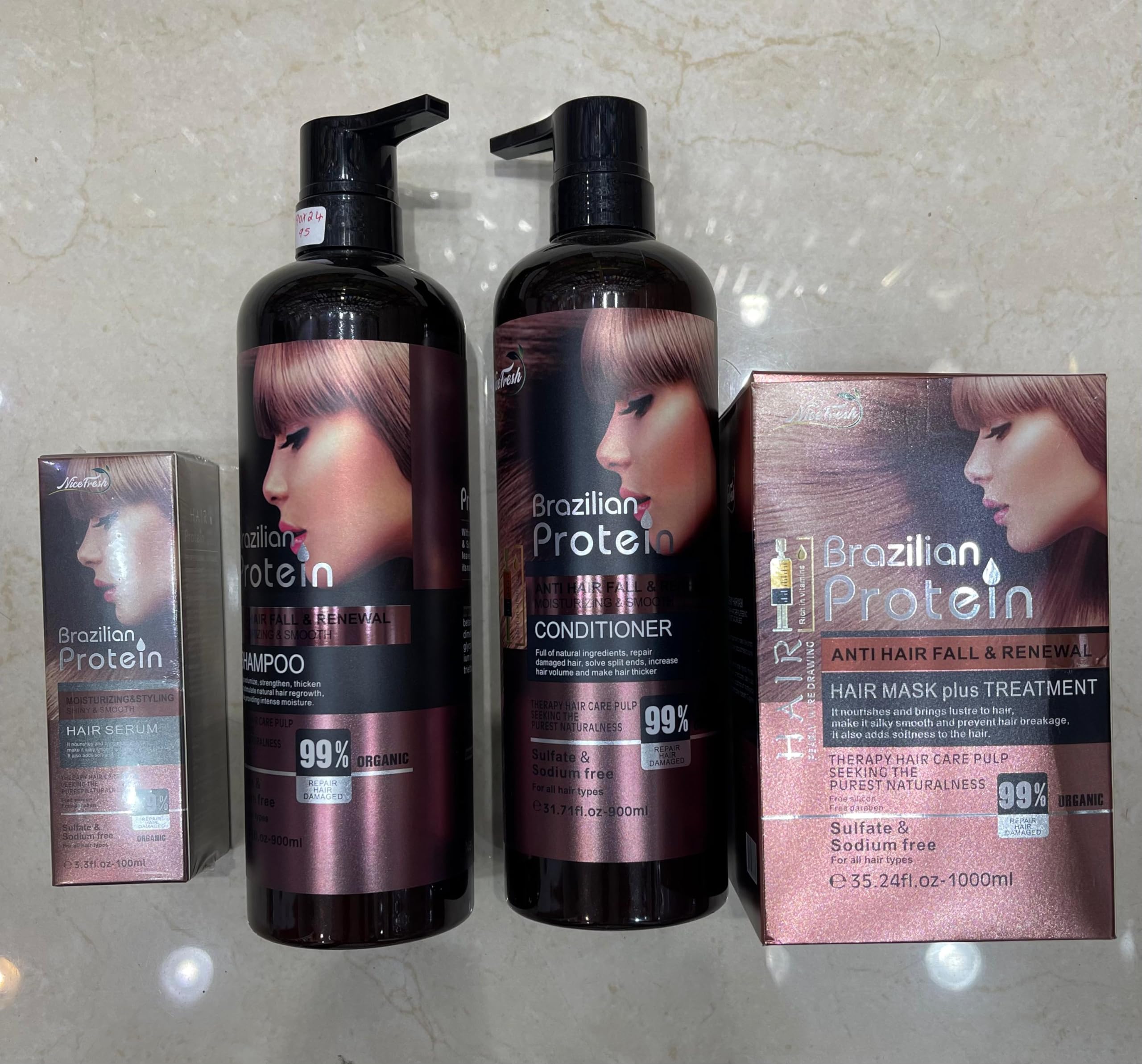 Brazilian PROTEIN Hair treatment. – Anti Hair Fall & Damage Repair – Moisturizing & Smoothing SHAMPOO CONDITIONER HAIR MASK and SERUM – Sulfate & Sodium Free 99% Natural Formula (Set 4)
