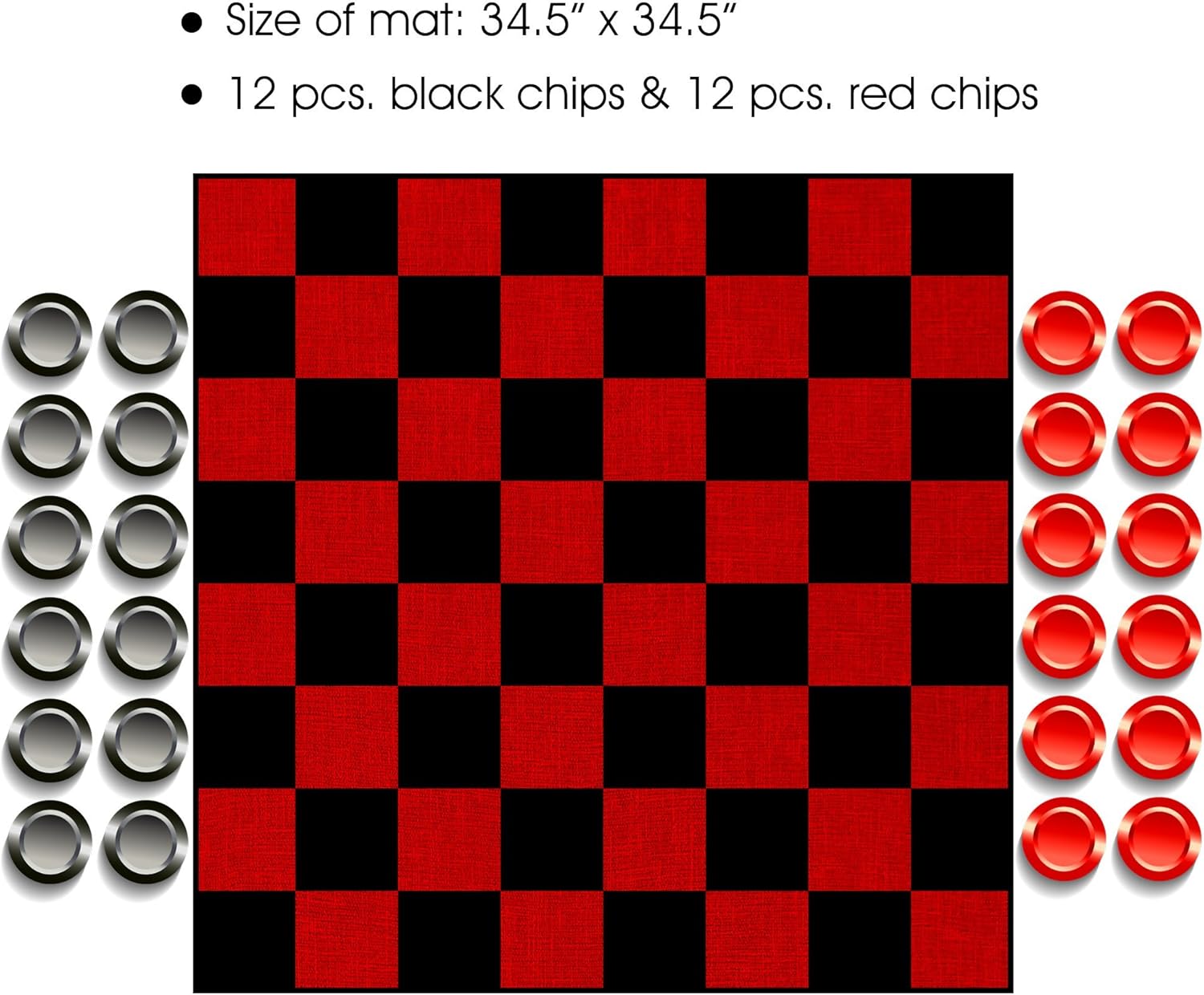Giant Checkers Rug Set by Gamie - 34.5 x 34.5 Inch Jumbo Checker Board Floor Mat Game with Huge Pieces - Great Gift Idea for Boys and Girls, Fun Birthday Party Activity - Play Room Rug - Red and Black : Toys & Games