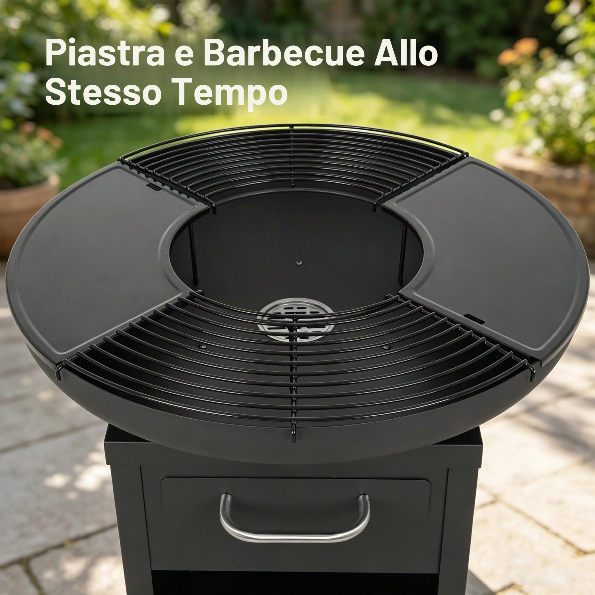 Bali Outdoors Grand Brasero Plancha Ø 80 x 92 cm in ferro, set di cottura esterno con piastre e griglie rimovibili, camino riscaldante da giardino e terrazza