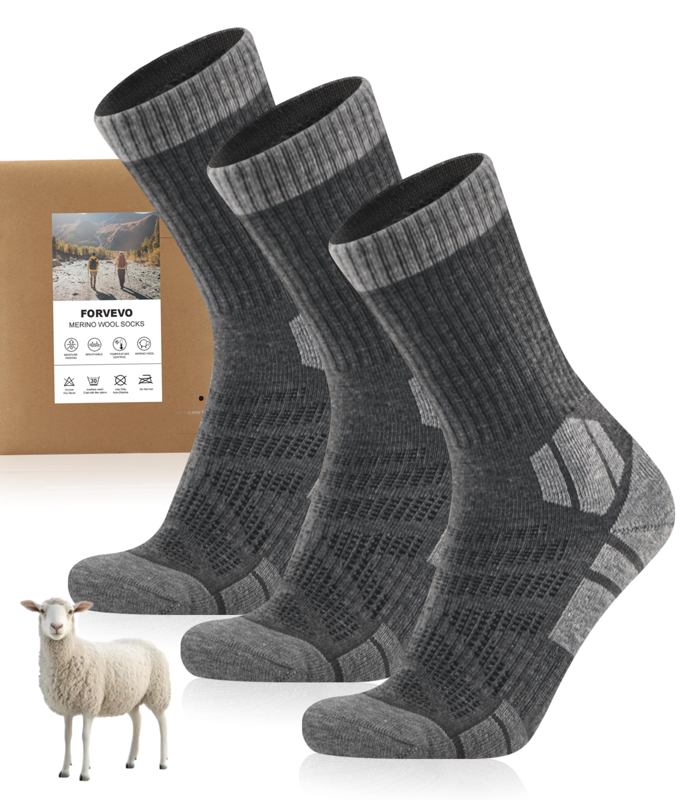 FORVEVO Merino Wandersocken Herren Damen 3 Paar, 60% Wollsocken Herren Gepolstert, Thermo Wintersocken, Sportsocken für Trekking Outdoor
