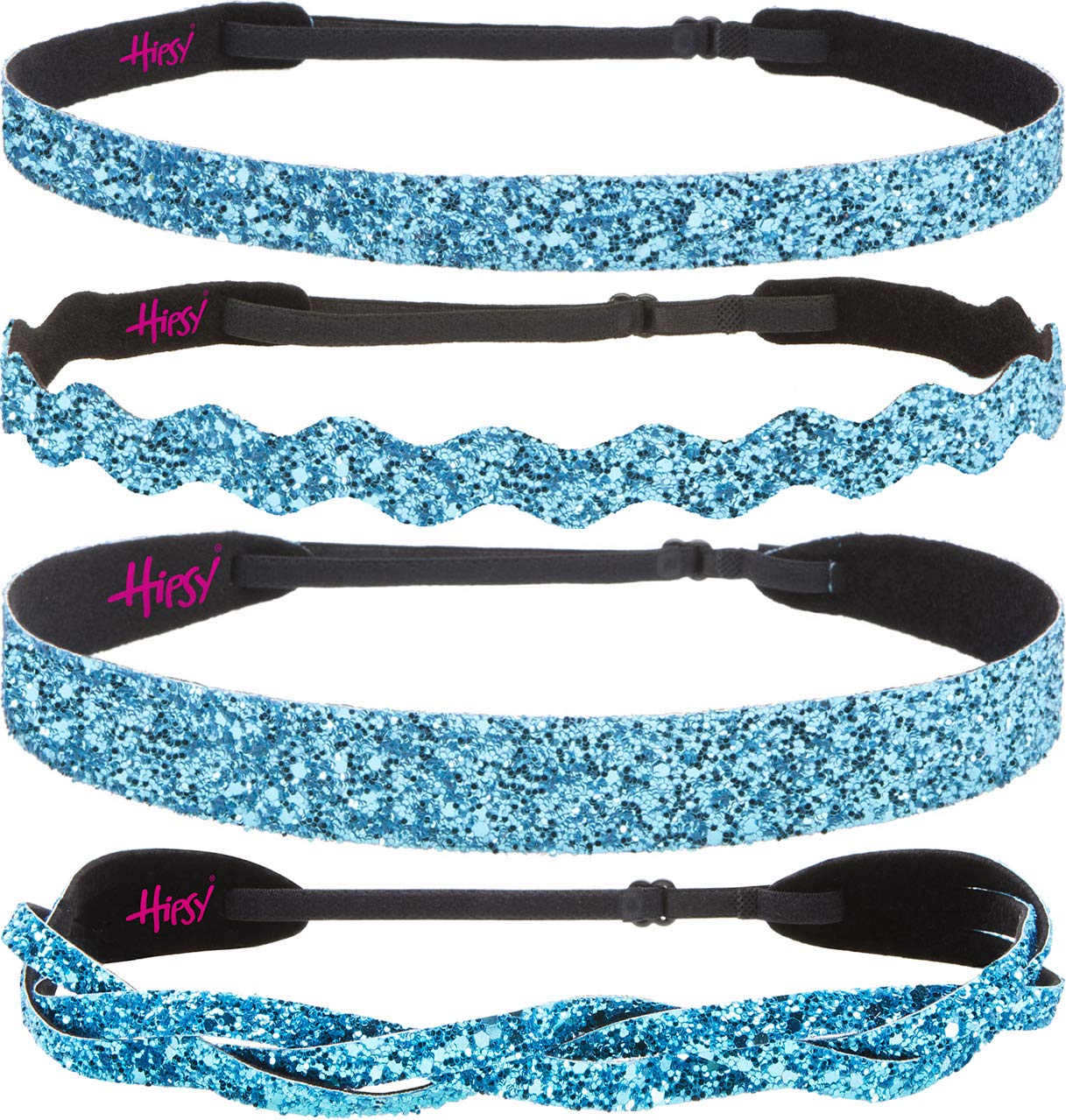 Hipsy Regular Size, Adjustable No Slip Sparkly Bling Mixed 4pk Headbands for Women Girls & Teens (Bling Glitter Mixed Teal Blue)
