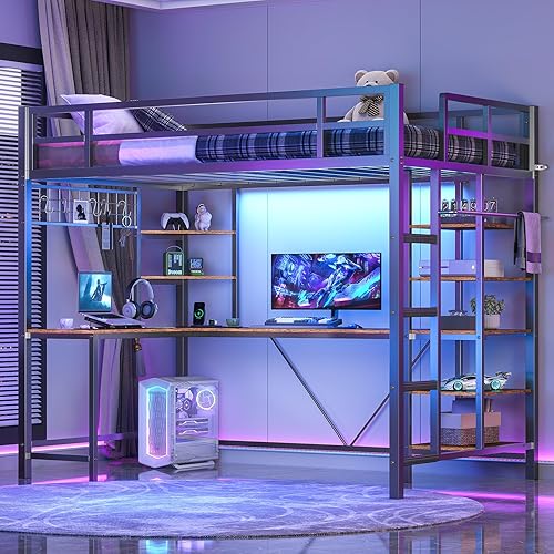 MSmask Twin Loft Bed with L Shaped Desk & 6 Storage Shelves, Loft Bed Twin Size with Charging Station, LED Lights, Safety Guard & Ladder, Metal Loft Bed Frame for Kids Teen, Black